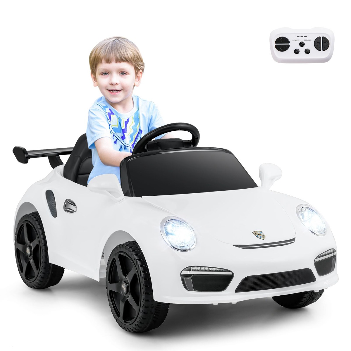 12 V bērnu elektromobilis ar tālvadības pulti un mīksto iedarbināšanu, licencēts Porsche elektriskais transportlīdzeklis, balts