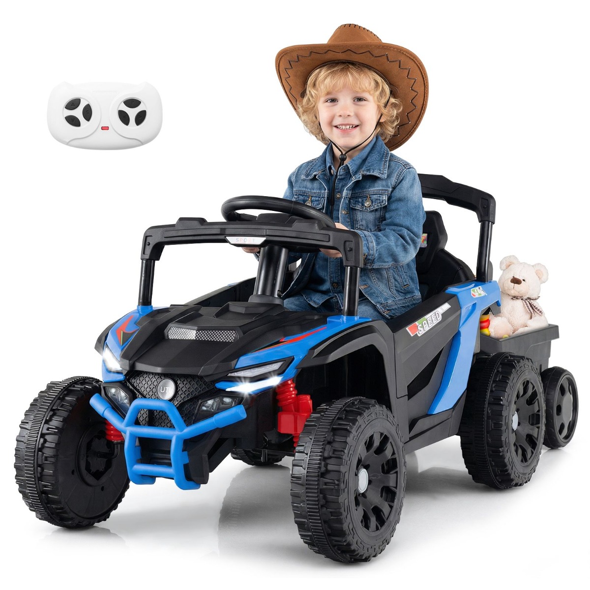 Bērnu elektriskais UTV ar noņemamu piekabi, 12 V tālvadības traktora elektriskā automašīna bērniem, zila