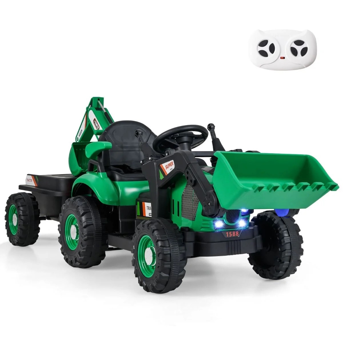 Bērnu elektriskais traktors ar noņemamu piekabi, rakšanas lāpstu un tālvadības pulti, sēdekļu ekskavators ar 12 V akumulatoru, zaļš