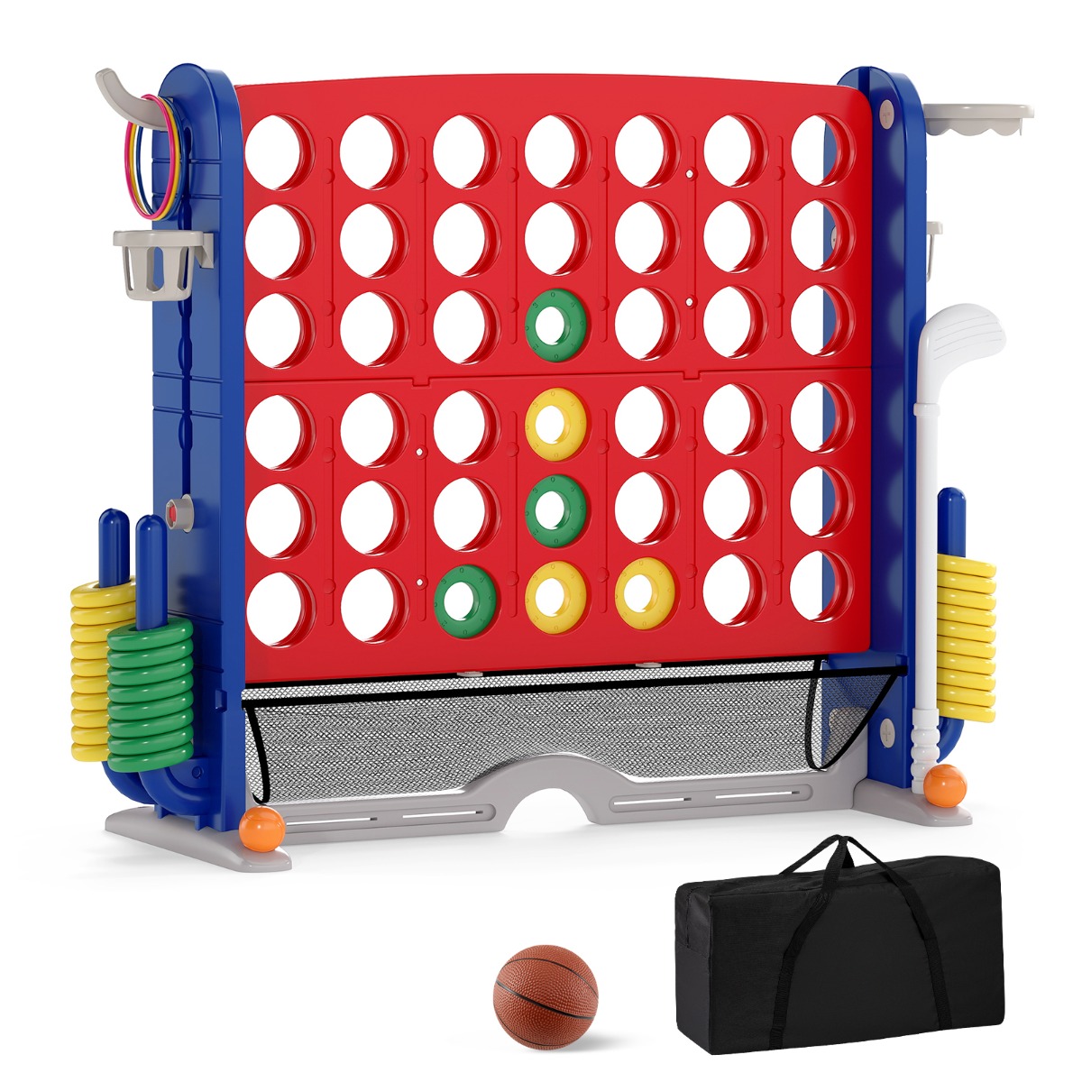 Neli-ühes hiigelsuur "Neli ritta" (Connect Four) lauamäng, komplektis rõngaviske-, korvpalli- ja golfimäng ning kandekott, punane (Jumbo)