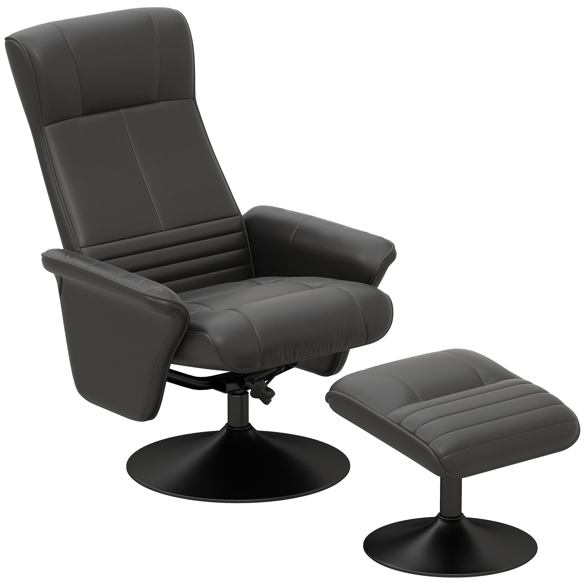 Polsterēts atpūtas krēsls, akcenta krēsls ar kāju balstu, grozāms, ergonomisks, mikrošķiedras auduma izskats, līdz 150 kg, melns