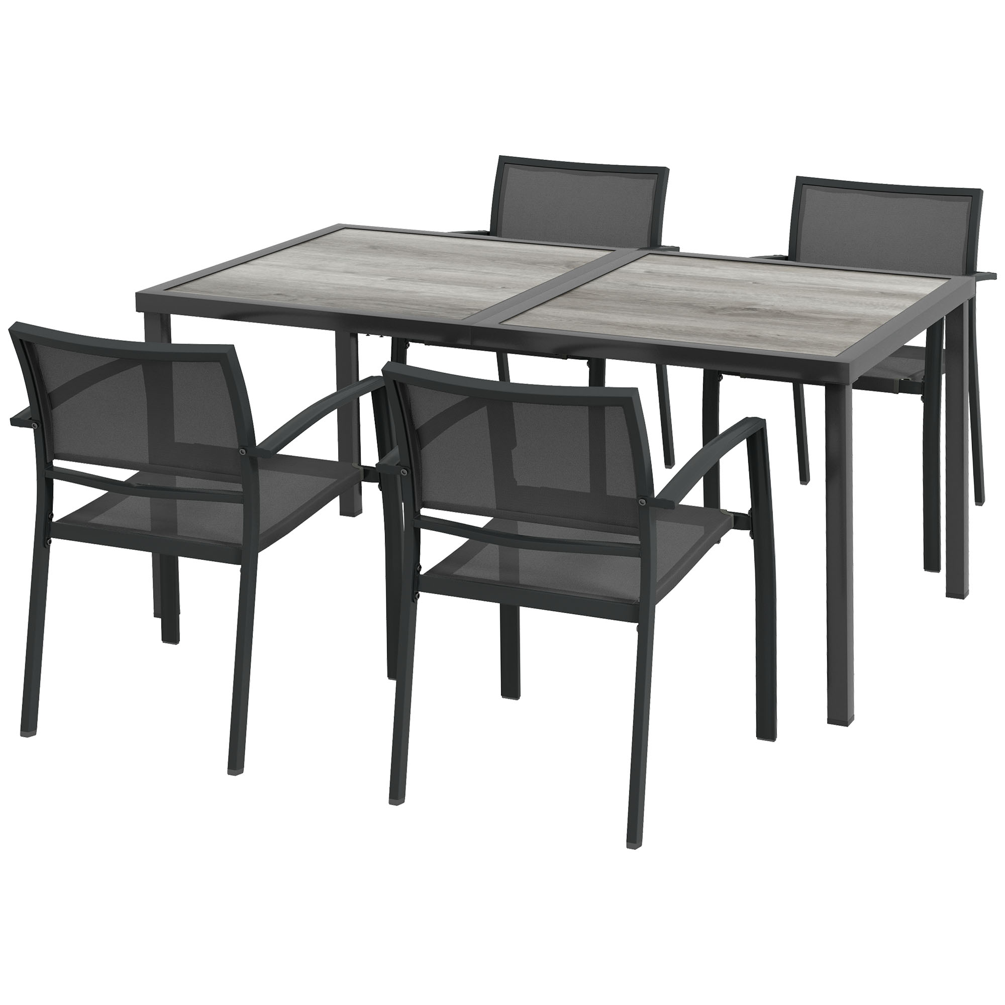 Dārza mēbeļu komplekts, dārza sēdvietu grupa, 1 galds, 4 krēsli, 150 x 87 x 72 cm, pelēks