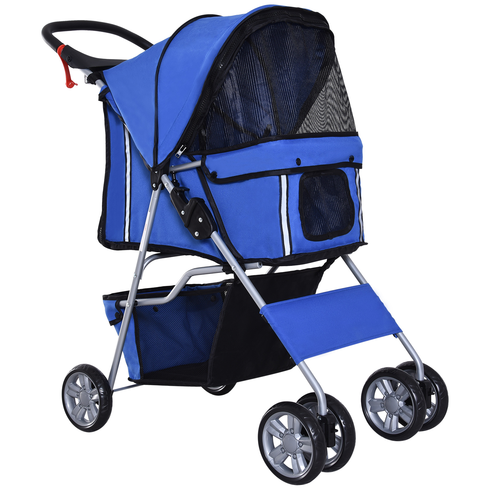 Suņu ratiņi līdz 10 kg, salokāmi, regulējams jumtiņš, 2 krūzīšu turētāji, grīdas grozs, zili
