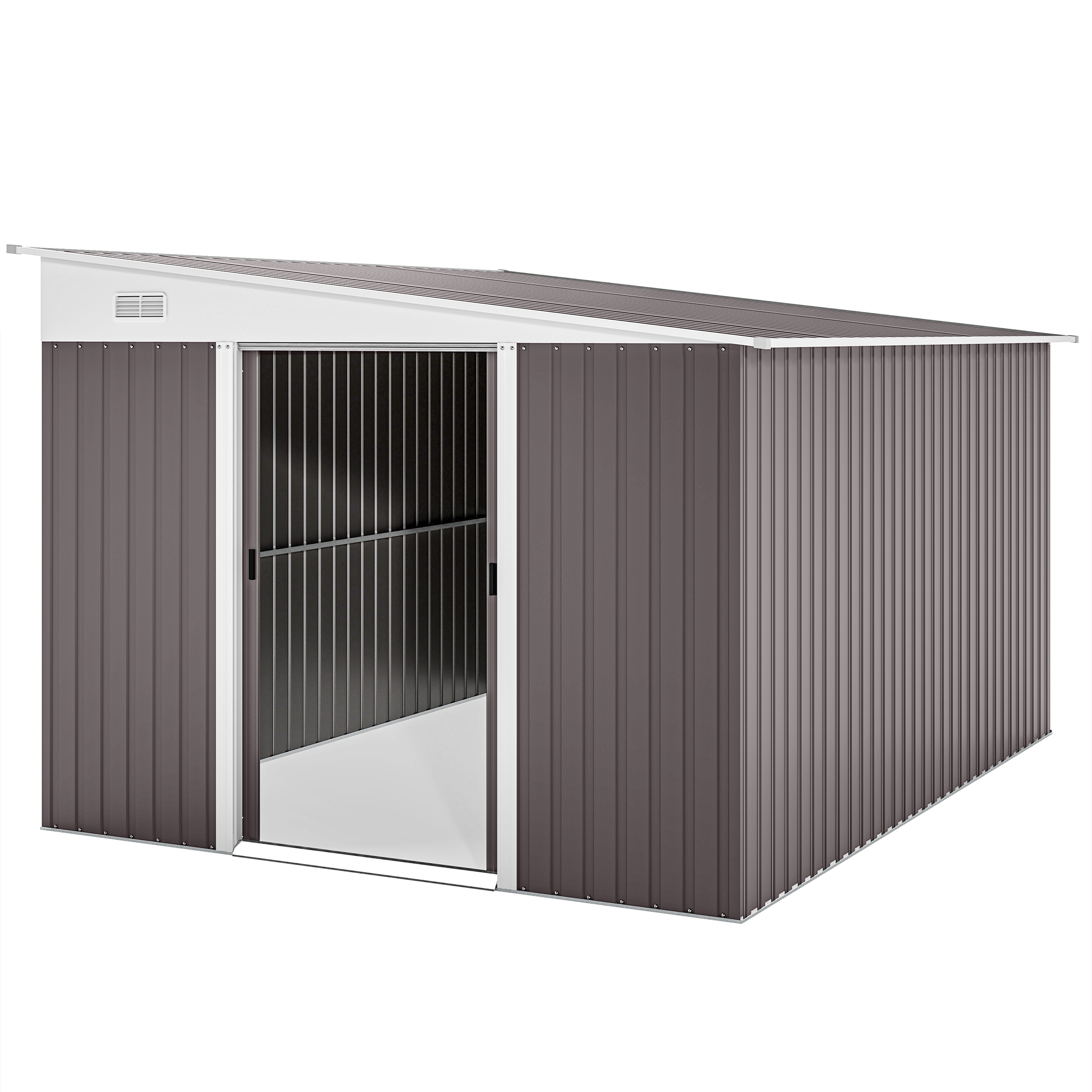 Metāla dārza šķūnis ar slīpu jumtu un slēdzamām dubultdurvīm, 2,8 x 3,45 x 2,01 m, pelēks