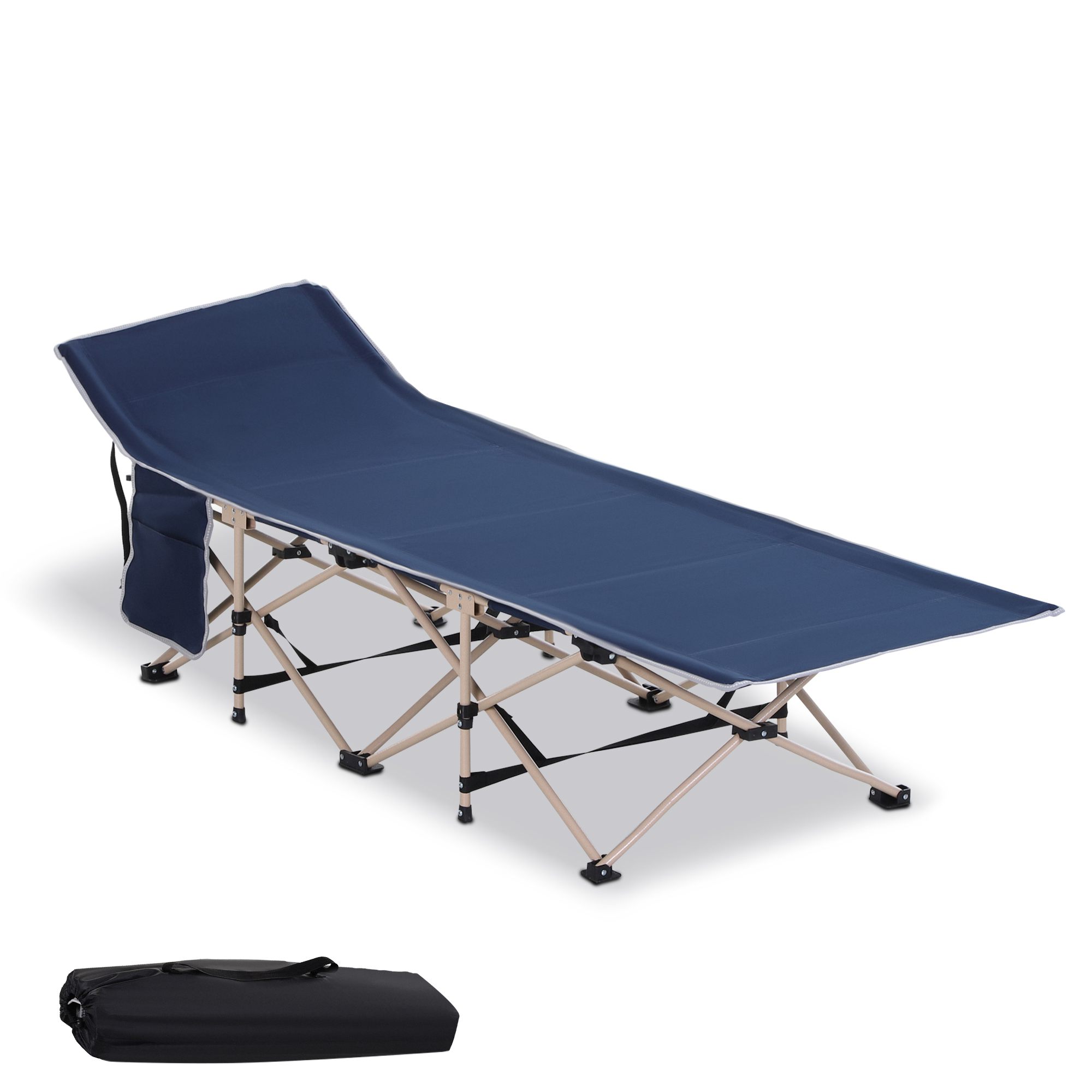 Saliekama kempinga gulta, laikapstākļiem izturīga, komplektā ar pārnēsāšanas somu, 190 cm x 68 cm x 52 cm, zila