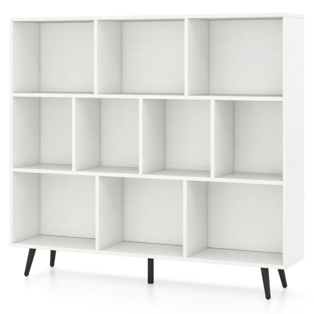 10 kubu grāmatu plaukts, 120 cm, 20. gadsimta vidus modernais uzglabāšanas organizators ar 5 konusveida metāla kājām, balts
