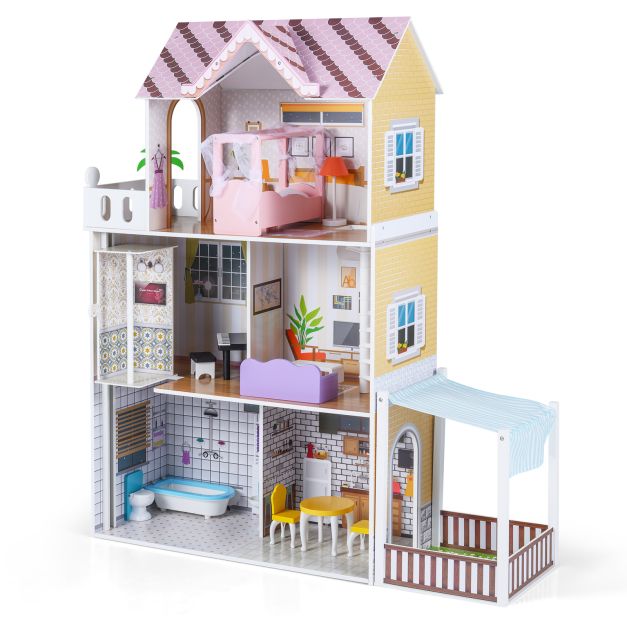 Koka leļļu namiņš bērniem, 3 stāvu DIY moderna ģimenes leļļu namiņš lomu spēlēm, rozā