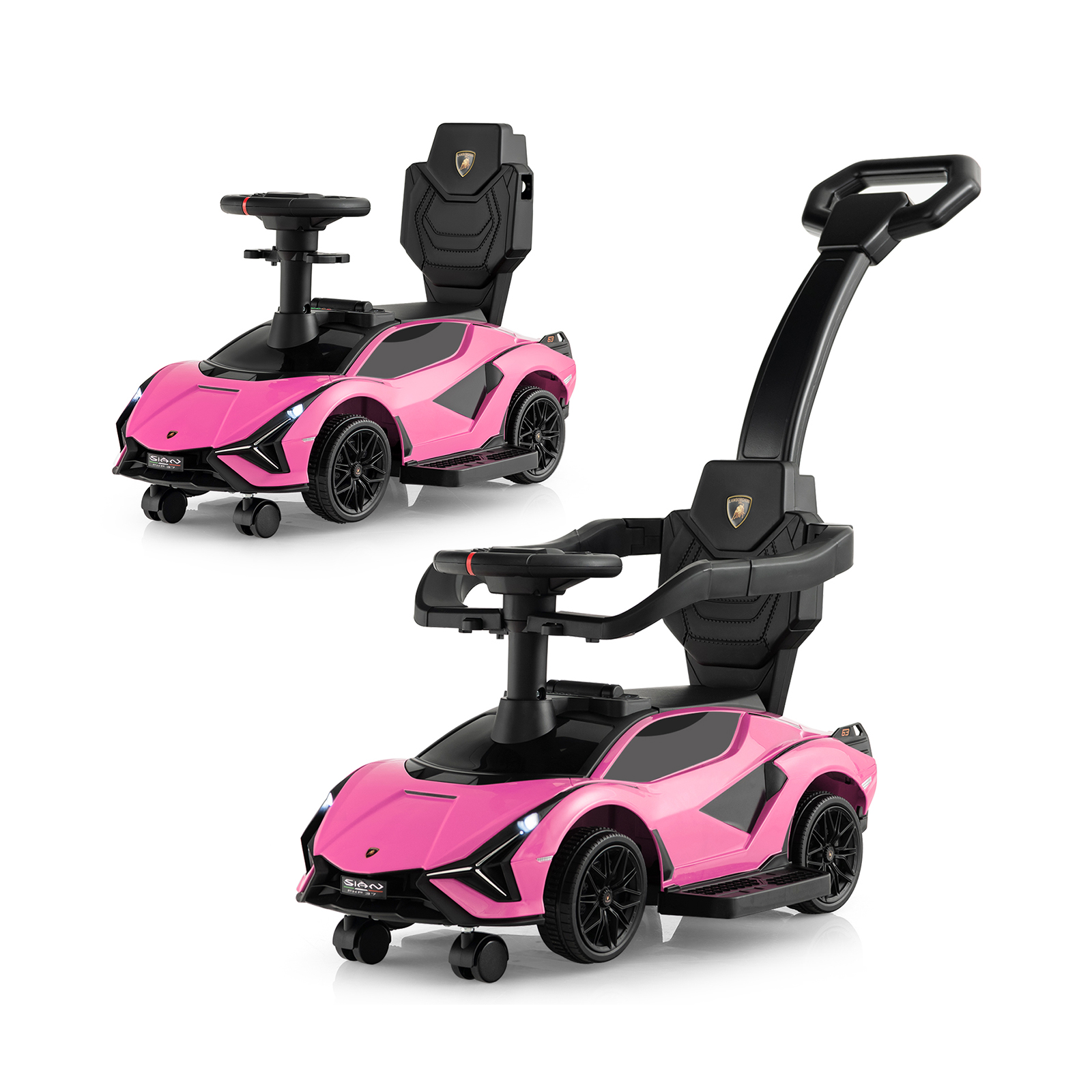 3 vienā licencēts Lamborghini braucamais pastaigu rotaļu ratiņi - rozā