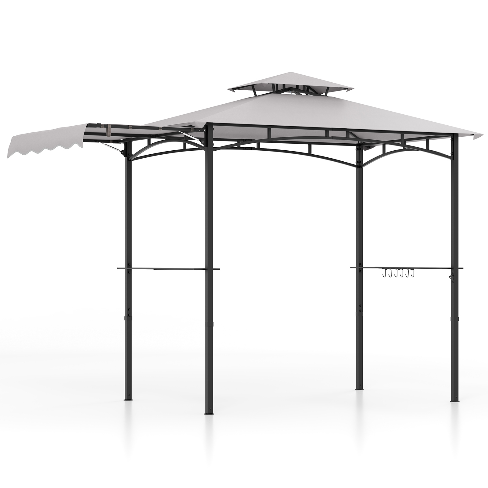 335 cm x 152 cm grila lapene ar sānu nojumi un divlīmeņu jumtu - pelēka