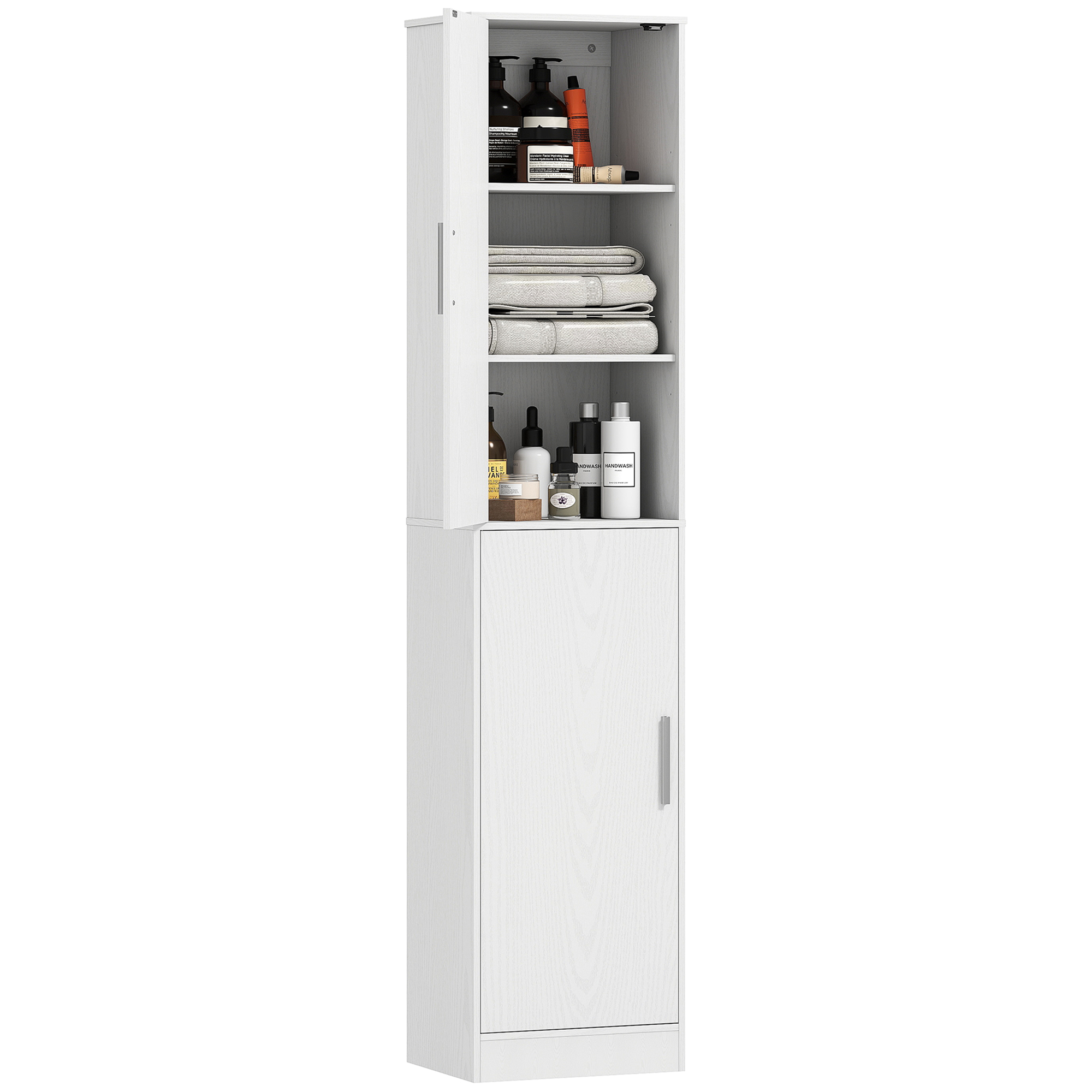 180 cm augsts vannas istabas skapis, šaurs vannas istabas skapis ar 2 durvīm, 4 regulējamiem plauktiem, skaidu plātne, MDF, balts