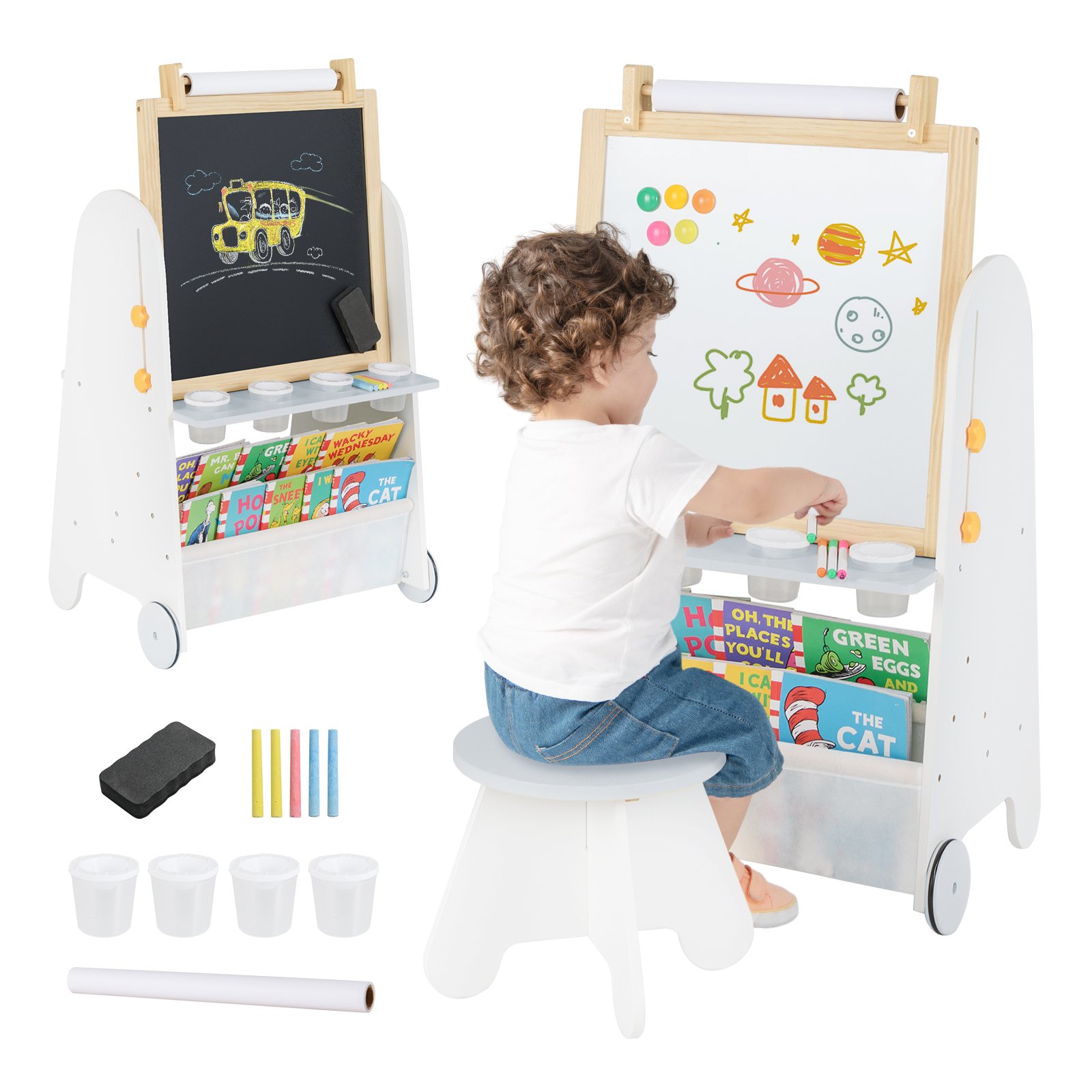 Bērnu molberts ar tabureti 4-in-1 bērnu tāfele ar magnētisko tāfeli