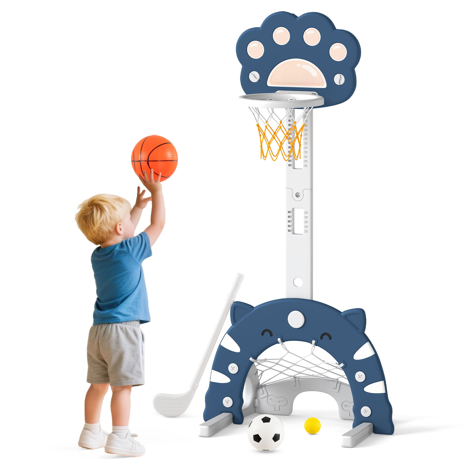 Regulējama augstuma iekštelpu un āra aktivitāšu rotaļu komplekts, 3 vienā bērnu basketbola grozs, tumši zils