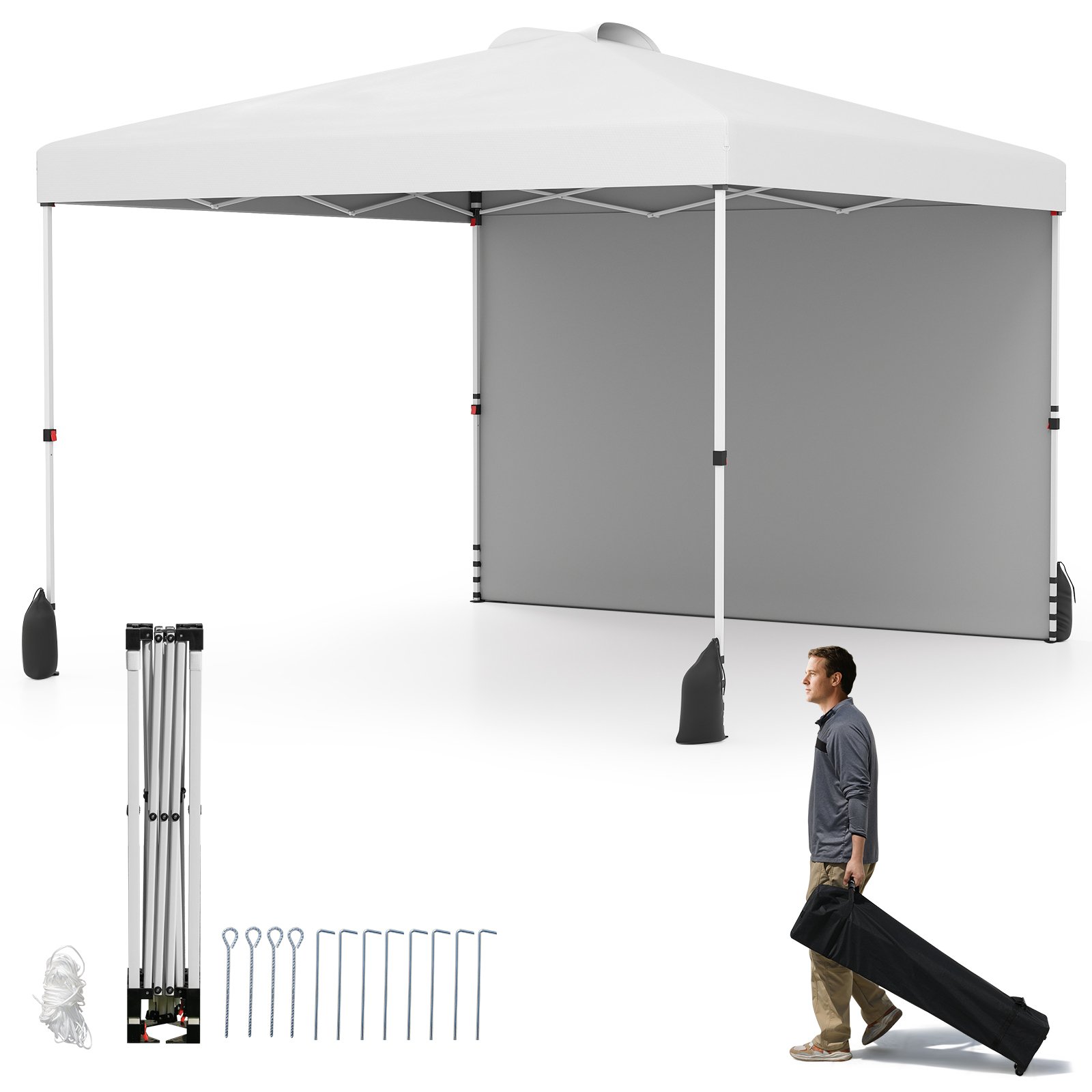 Eemaldatava külgmise varjuseina ja ratastega transpordikotiga pop-up süsteemiga kokkupandav aiatelk ning paviljon (3 x 3 m), valge