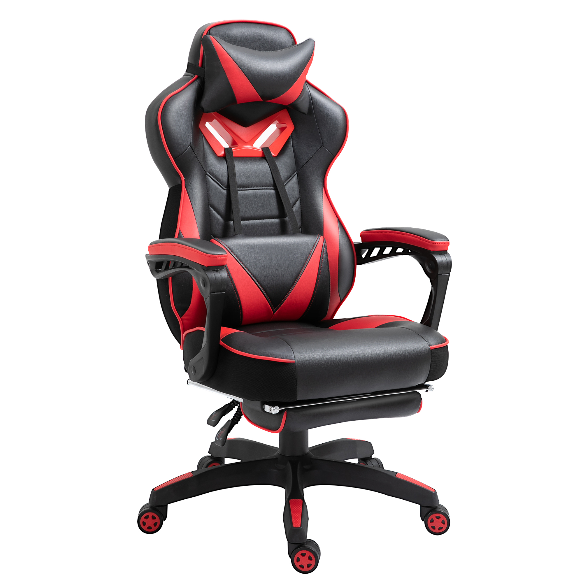 Ergonomisks biroja krēsls, spēļu krēsls, grozāms krēsls ar izvelkamu kāju balstu un regulējamu atzveltni, putas+PU āda+metāls, melns+sarkans, 65 x 70 x 118,5-128,5 cm