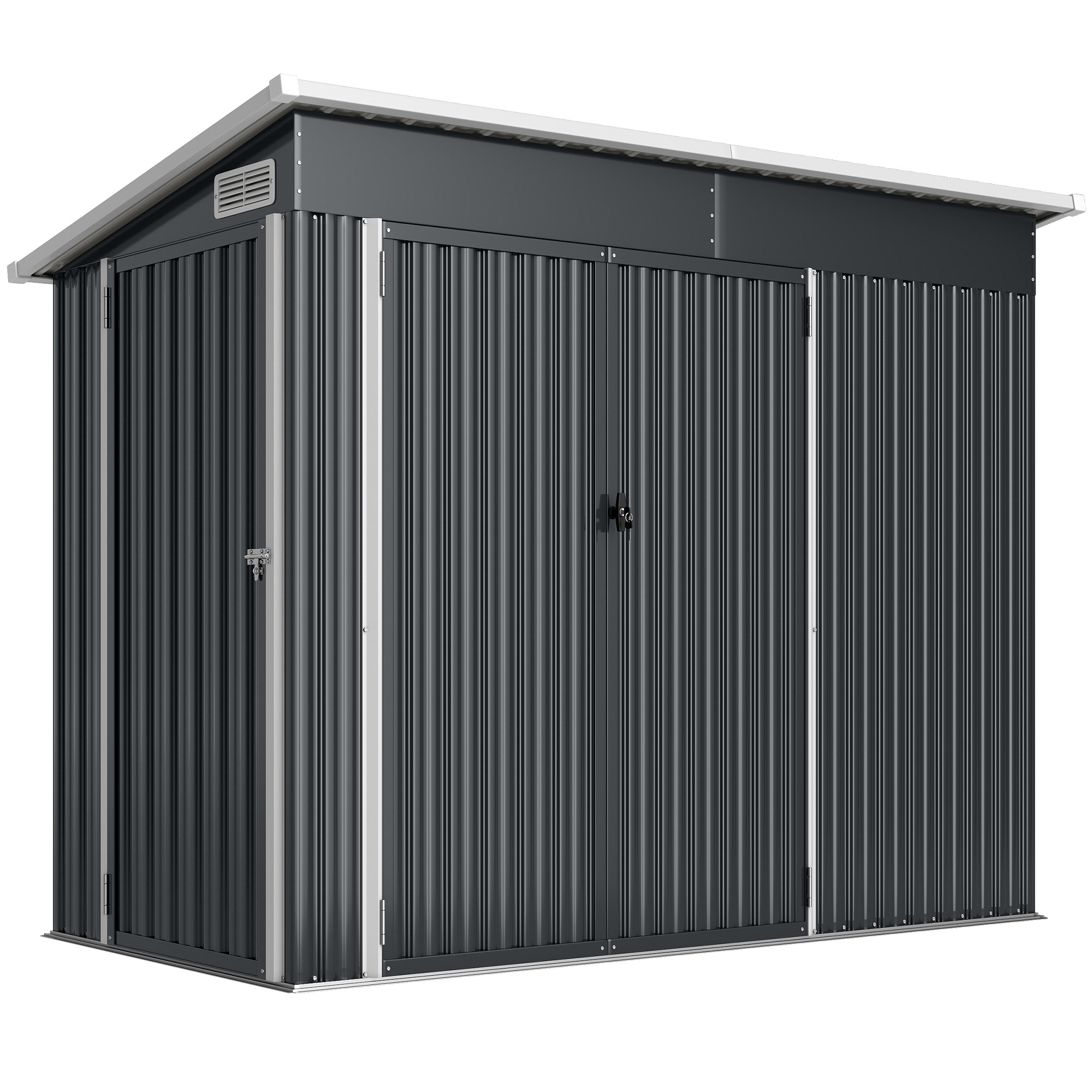 Metāla dārza šķūnis 2,68 m², slēdzams, instrumentu šķūnis ar 3 durvīm, ventilāciju, jumta segumu, cimdiem