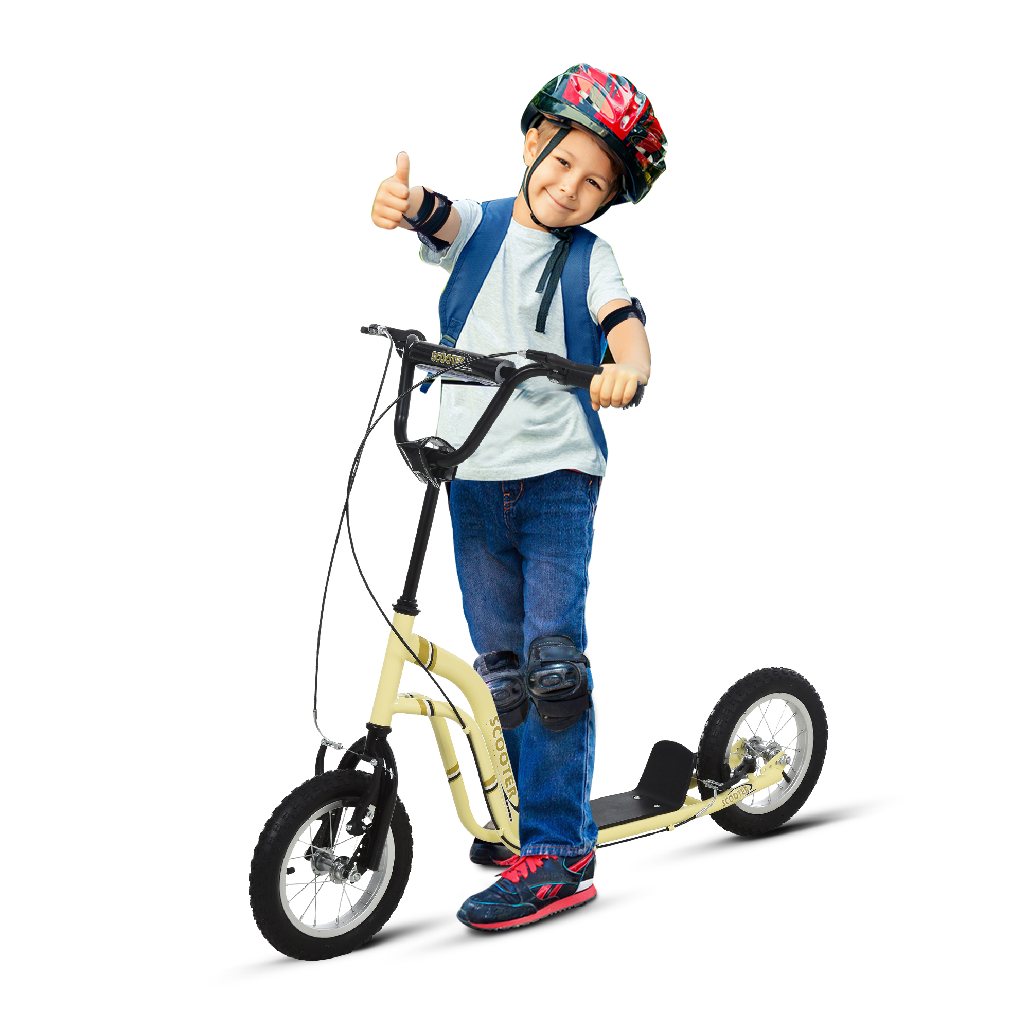 Bērnu skrejritenis no 5 gadu vecuma, kick skrejritenis, pilsētas skrejritenis, bērnu kickboard ar 30,5 cm pneimatiskajām riepām, gumija, alumīnijs, bēšs, 120 x 58 x 85-95 cm
