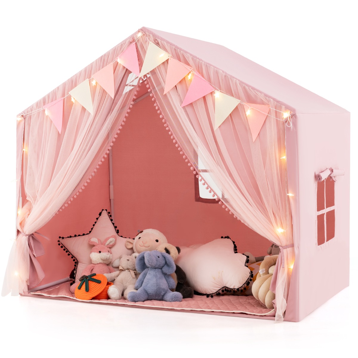 Kahe kardina, tähetulede ja ruudulise lipuketiga suur laste mängutelk ning hubane mängumajake, roosa