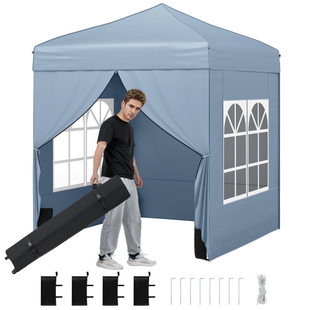 198 cm x 198 cm (1,8 x 1,8 m) saliekamā telts ar 4 sānsienām un somu uz riteņiem - pelēka