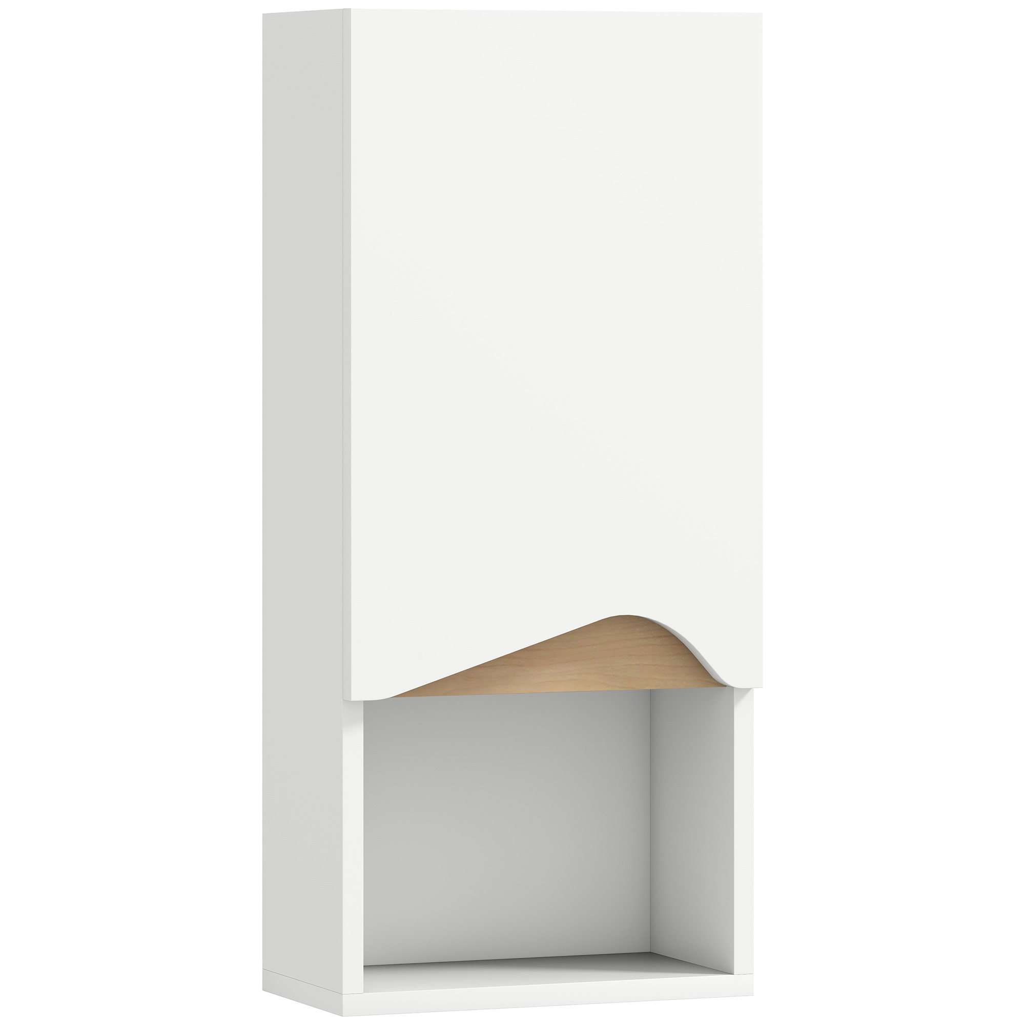 Vannas istabas skapītis, sienas skapītis ar mīksti aizveramām durvīm un atvērtu nodalījumu, 30 x 17 x 67 cm, balts