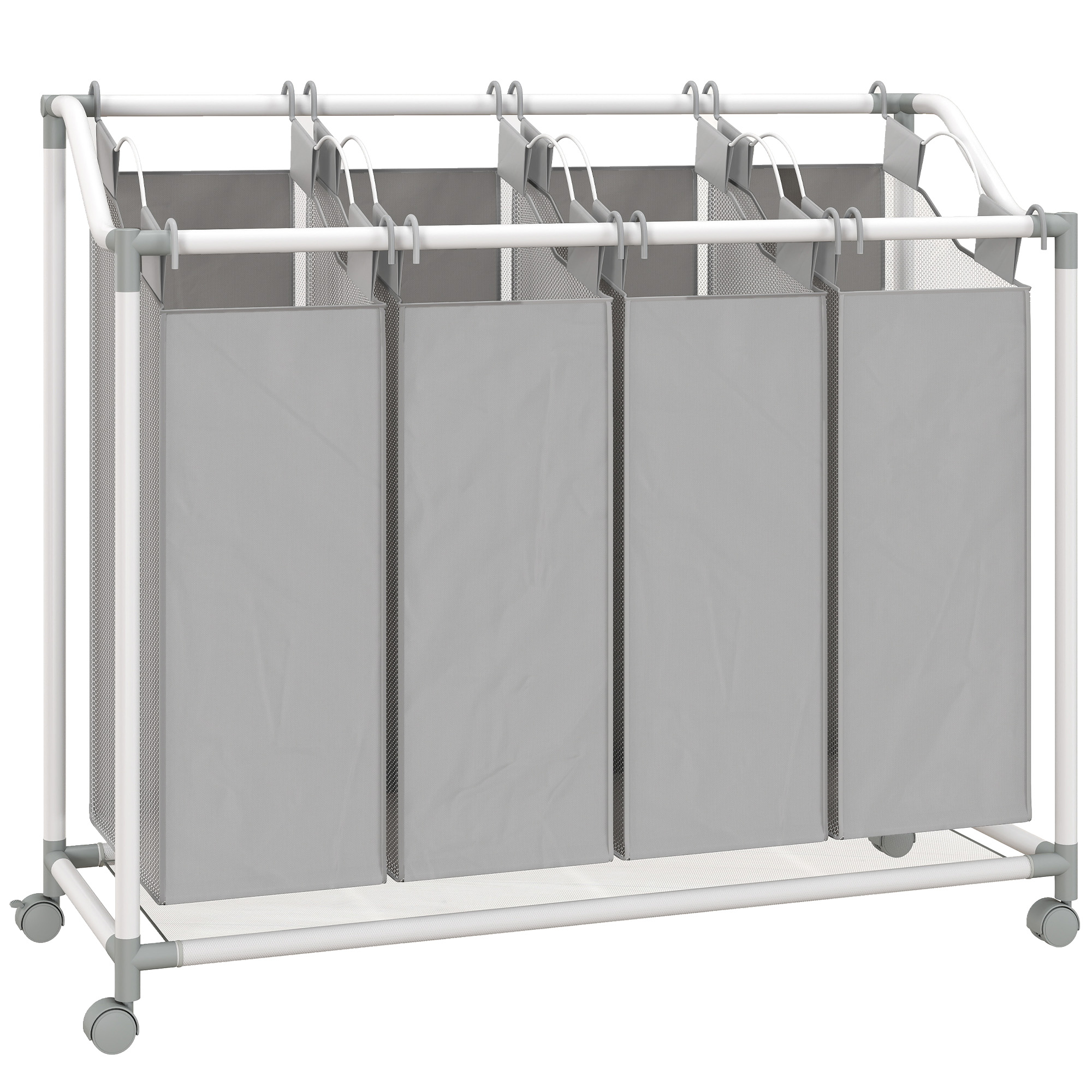 Veļas grozs ar 4 nodalījumiem, 160 l ietilpība, veļas grozs ar riteņiem, noņemams veļas maiss, 97 x 38 x 81 cm, pelēks
