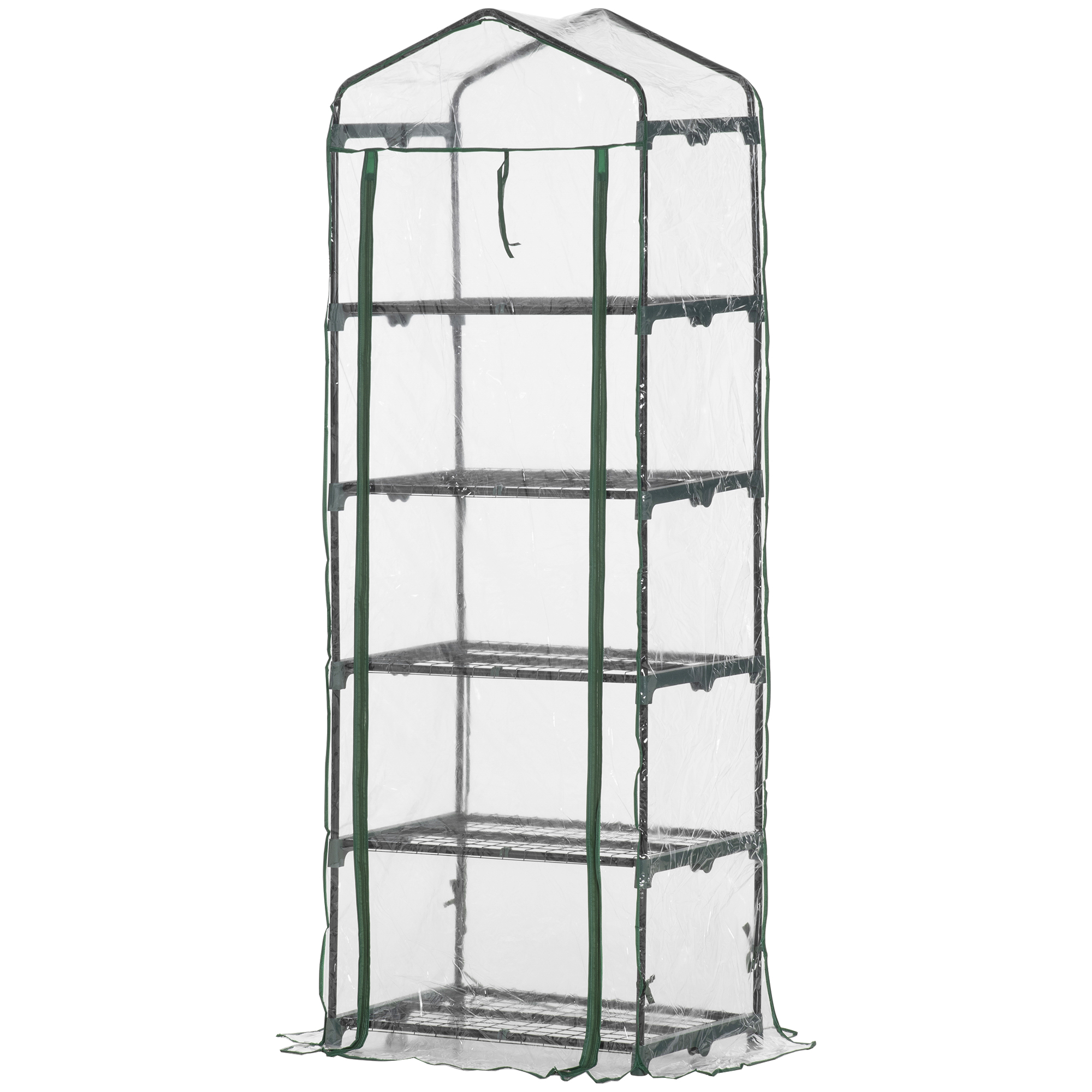 Folijas siltumnīca, mini siltumnīca ar 5 plauktiem ziedu vai dārzeņu audzēšanai, caurspīdīga un zaļa, tērauda un plastmasas, 69 x 49 x 193 cm