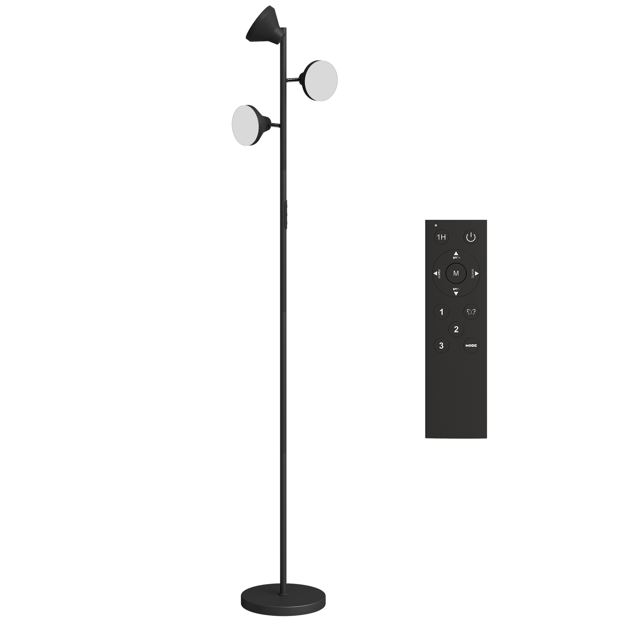 Grīdas lampa ar regulējamu gaismas spilgtumu un lasāmvielu, RGB krāsu mainoša grīdas lampa ar tālvadības pulti, skārienvadība, 3 rotējošas galviņas, melna