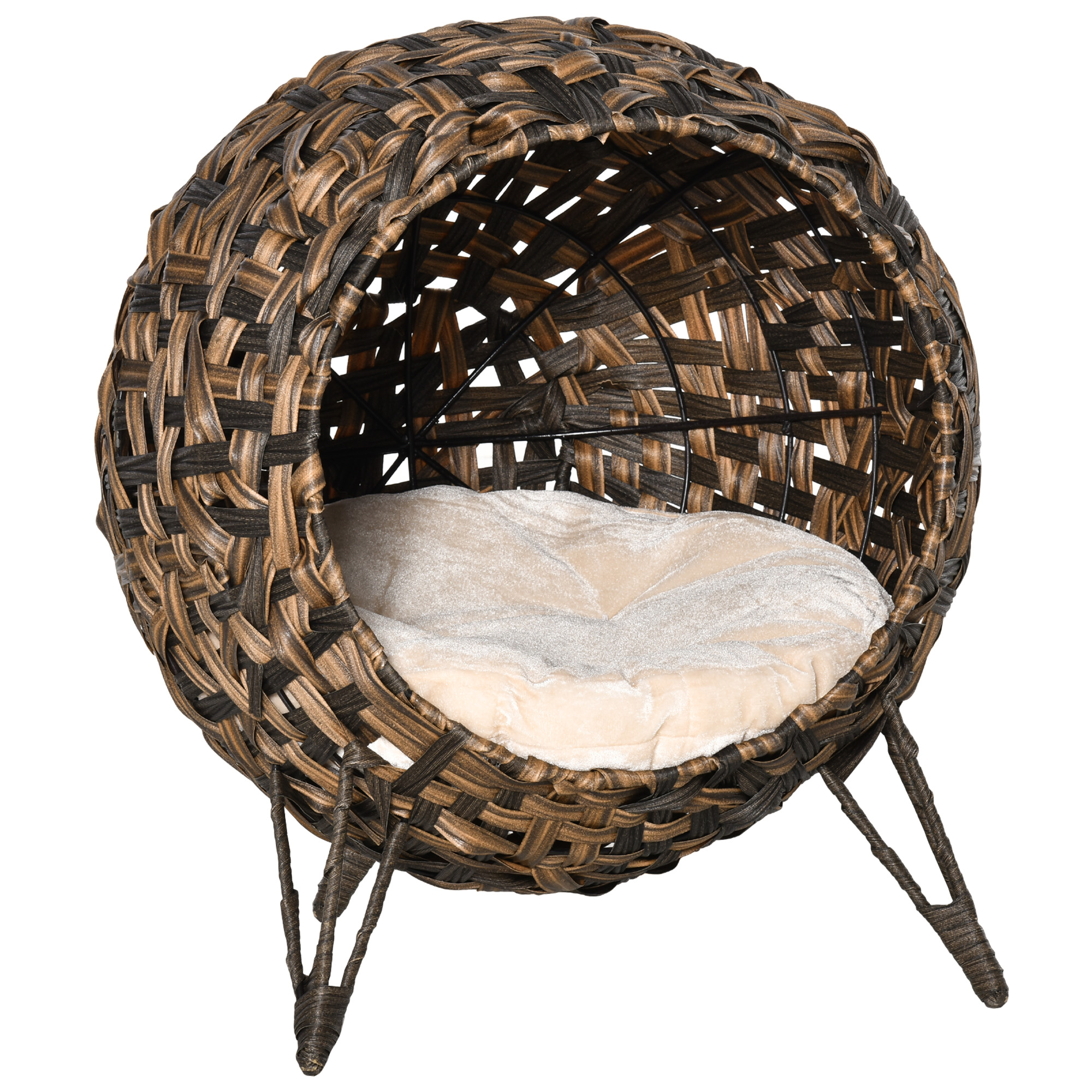 Rotangpalmas kaķu mājiņa ar spilvenu, kaķu gulta, kaķu ala ar paceltām kājām, brūna, Ø52 x 58 cm