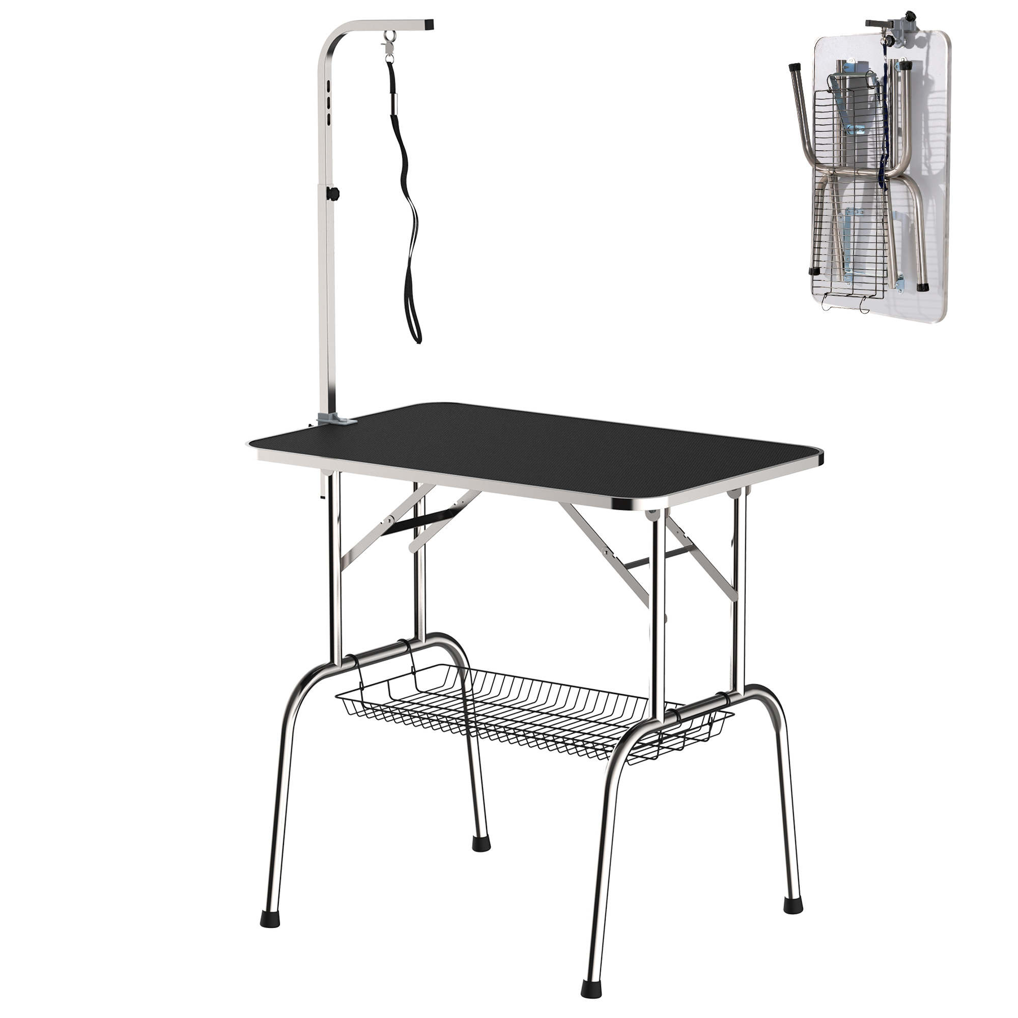 Suņu kopšanas galds, saliekams mājdzīvnieku kopšanas galds ar regulējamu roku, slingām, sieta grozu, griešanas galds līdz 150 kg, 90 x 60 x 75 cm, melns