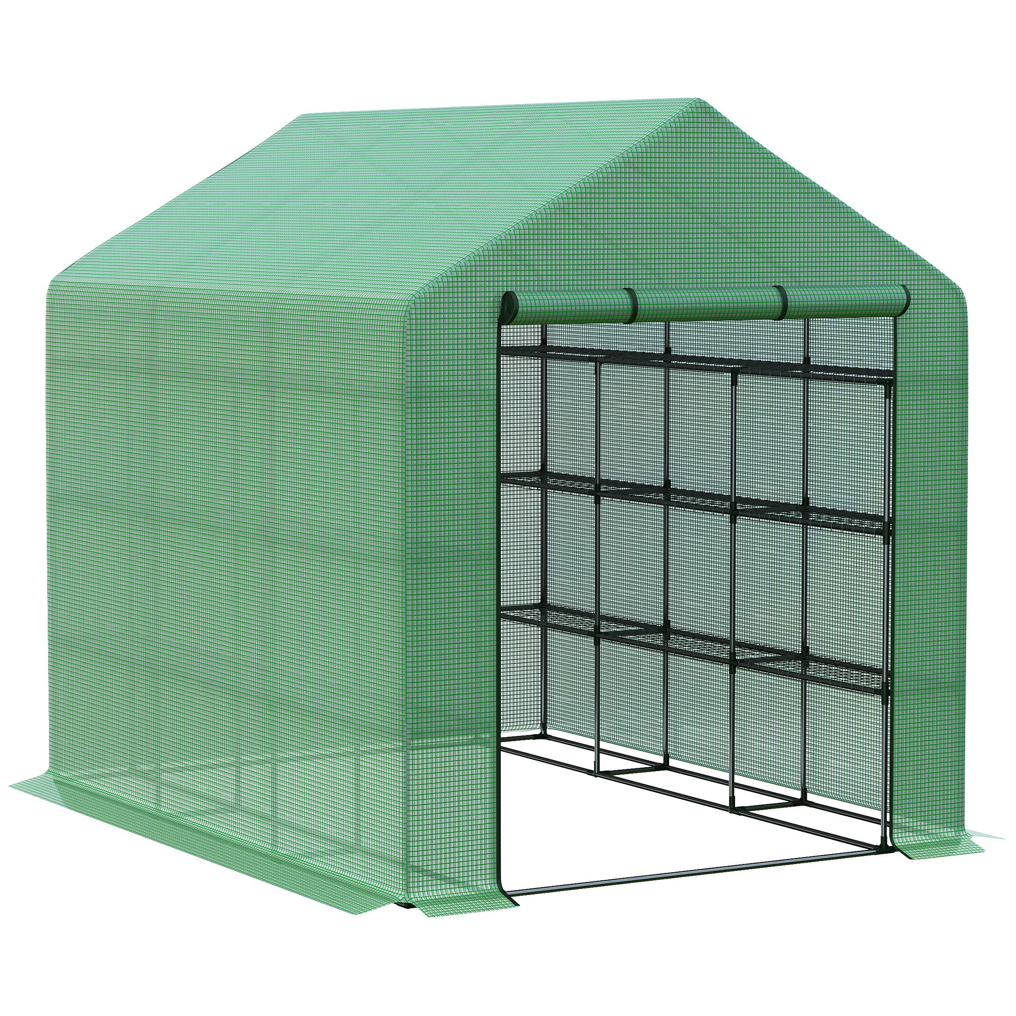 Tuneļveida siltumnīca ar 8 plauktiem, tomātu siltumnīca, siltumnīca, aukstais rāmis ar durvīm, zaļa, tērauds, PE plastmasa, 244 x 180 x 210 cm