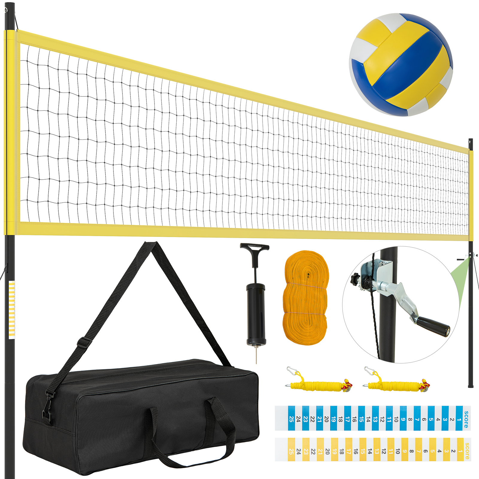 Liels volejbola tīkls baseinam vai pludmalei ar regulējamu augstumu un stabiliem balstiem (9,5 x 1 m), dzeltens