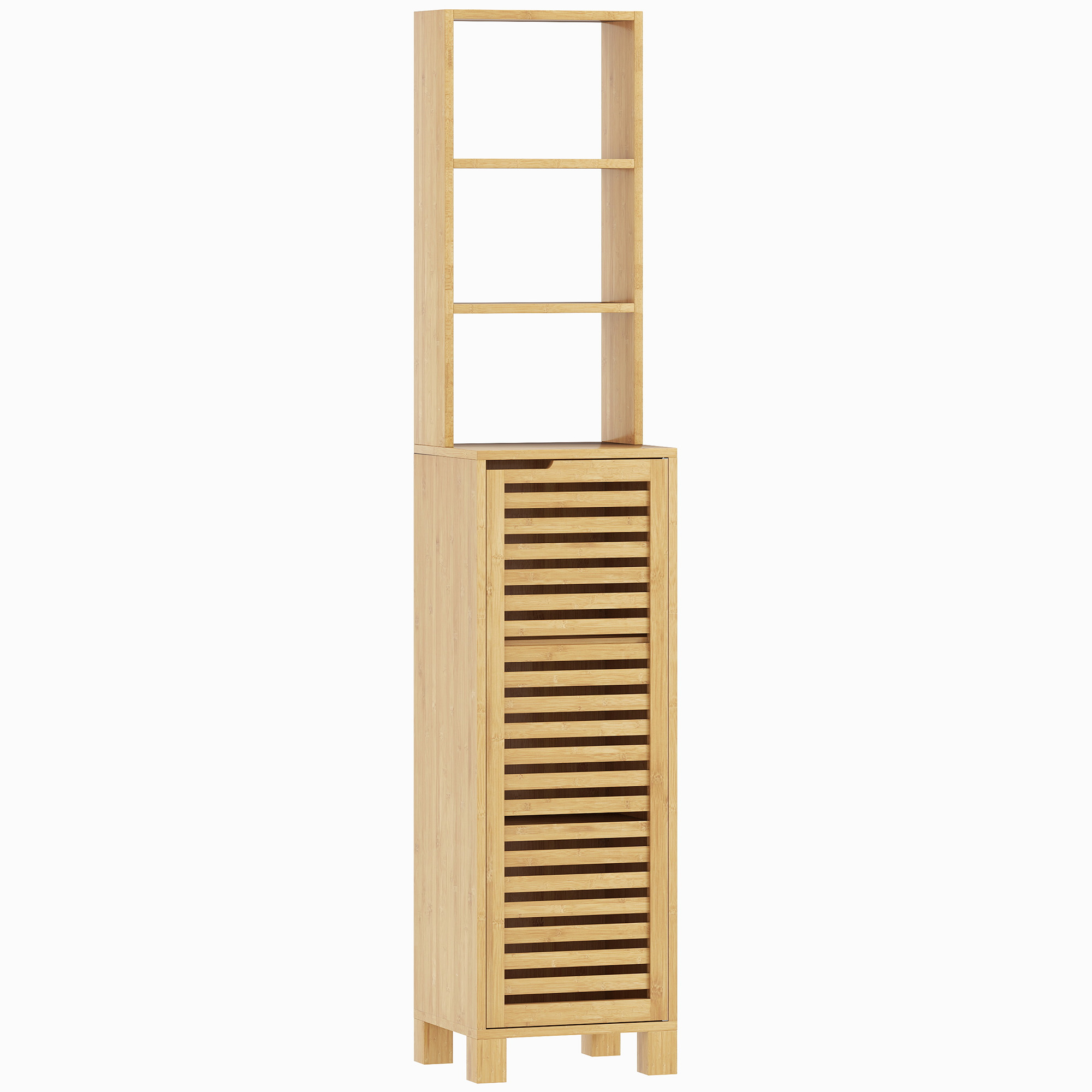 Šaurs vannas istabas skapītis, augsts skapītis ar 3 atvērtiem plauktiem, plaukti ar regulējamu augstumu, režģa durvis, 34 x 30 x 170 cm, dabīgs
