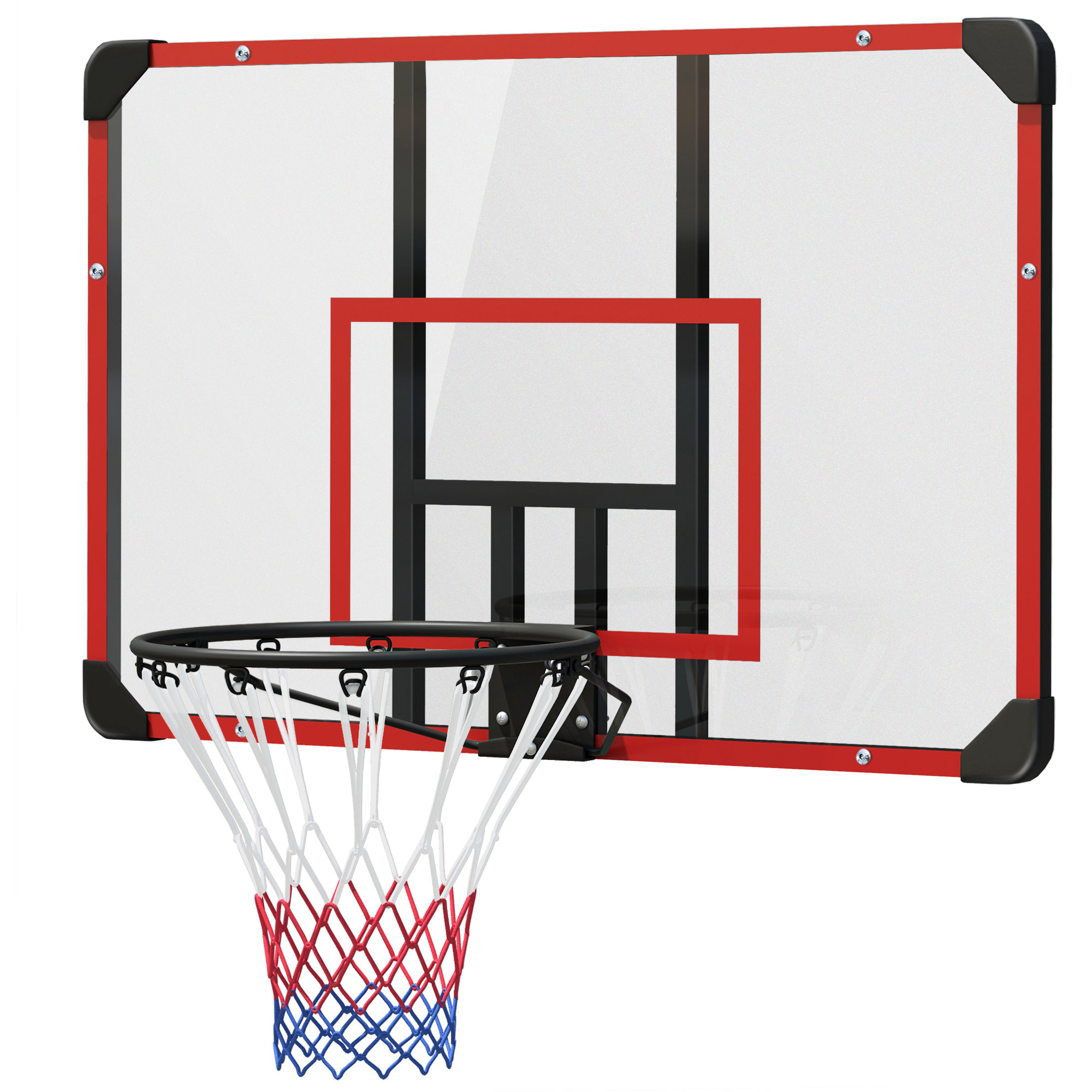 Pie sienas stiprināms basketbola grozs, lietošanai iekštelpās/ārā, izturīgs PC pamatnes materiāls, neilona tīkls, tērauda apmale, 113x61x73 cm