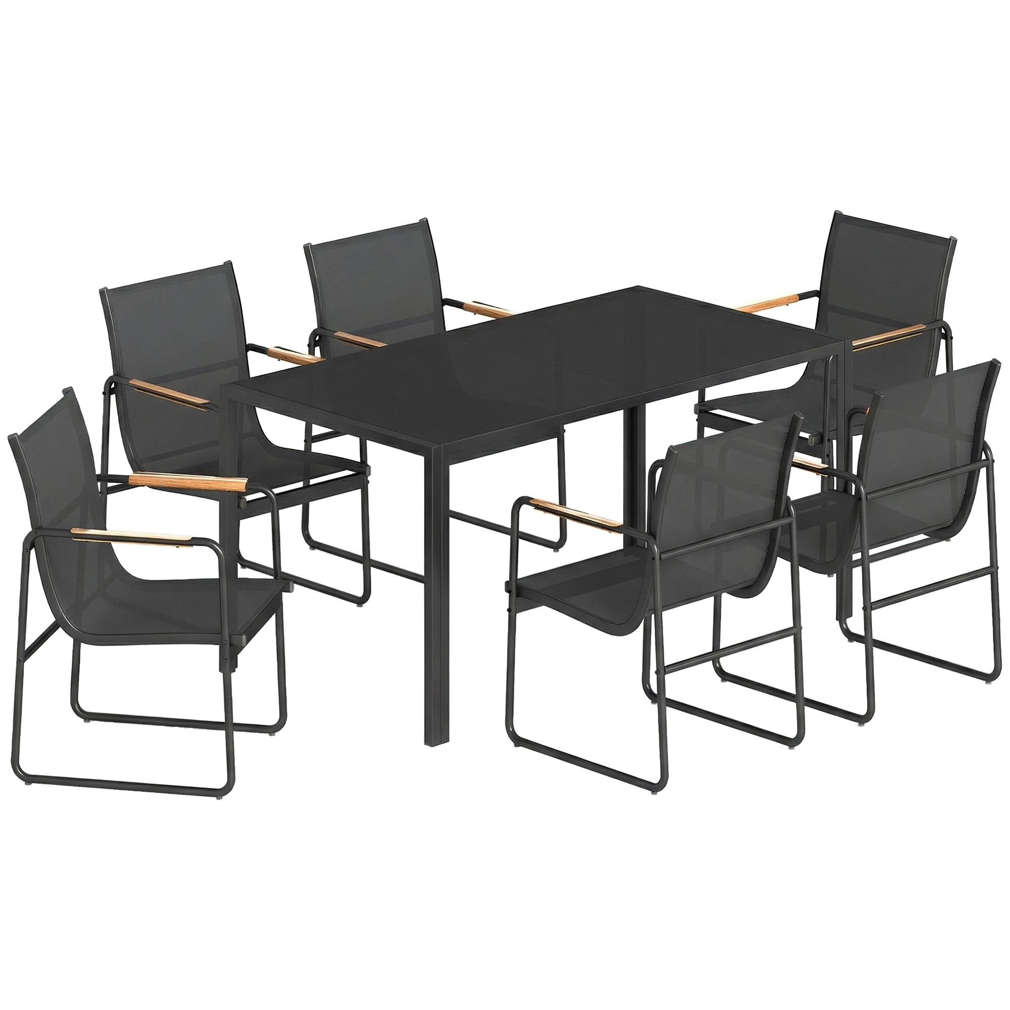 Dārza mēbeļu komplekts, sēdvietu grupa 150 x 80 cm, stikla galds ar 6 elpojošiem krēsliem, dekoratīvi roku balsti, melns