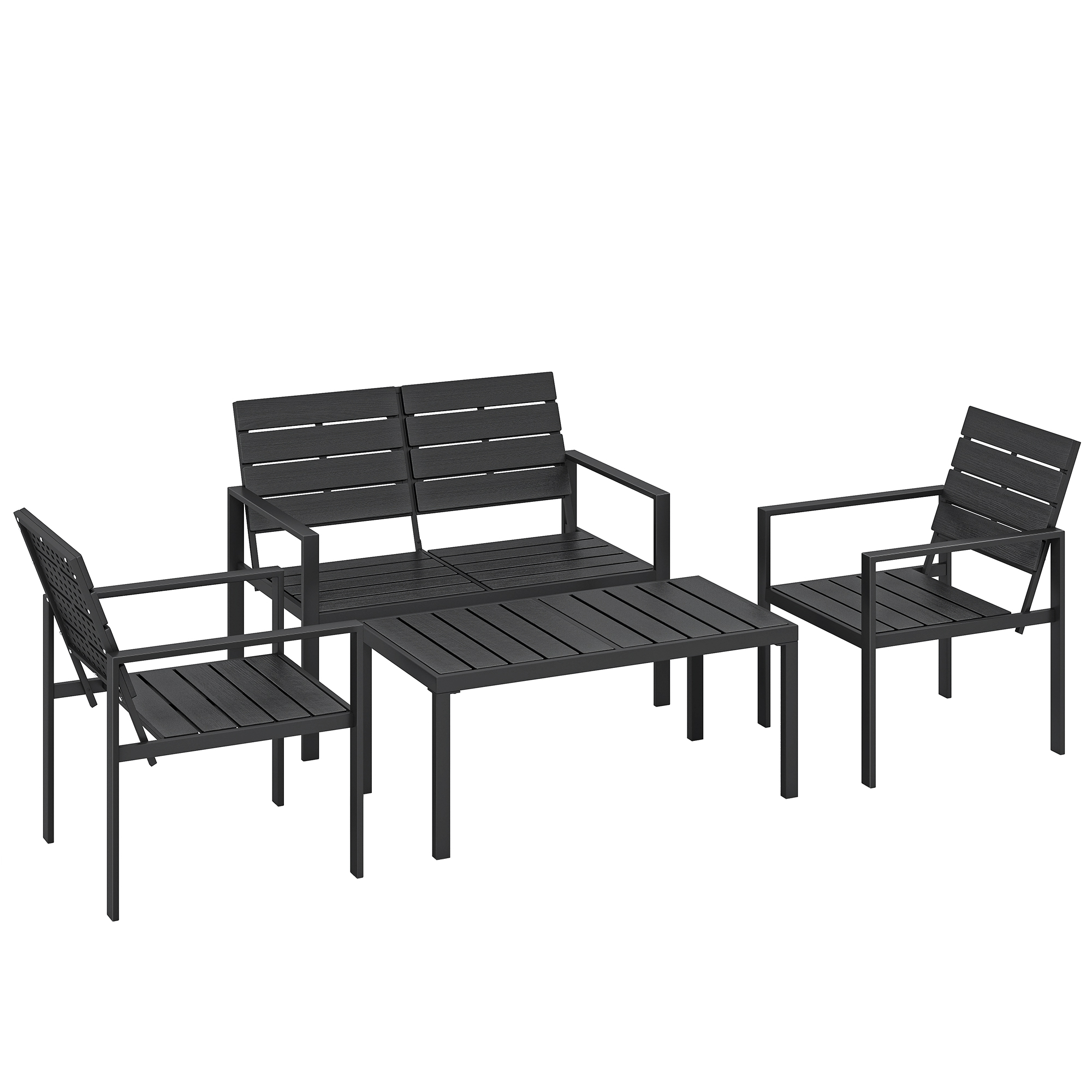 Dārza mēbeļu komplekts, 4 personām, ar divvietīgu dīvānu, 2 atpūtas krēsliem, platu kafijas galdiņu, HDPE līstēm, laikapstākļiem izturīgs, melns
