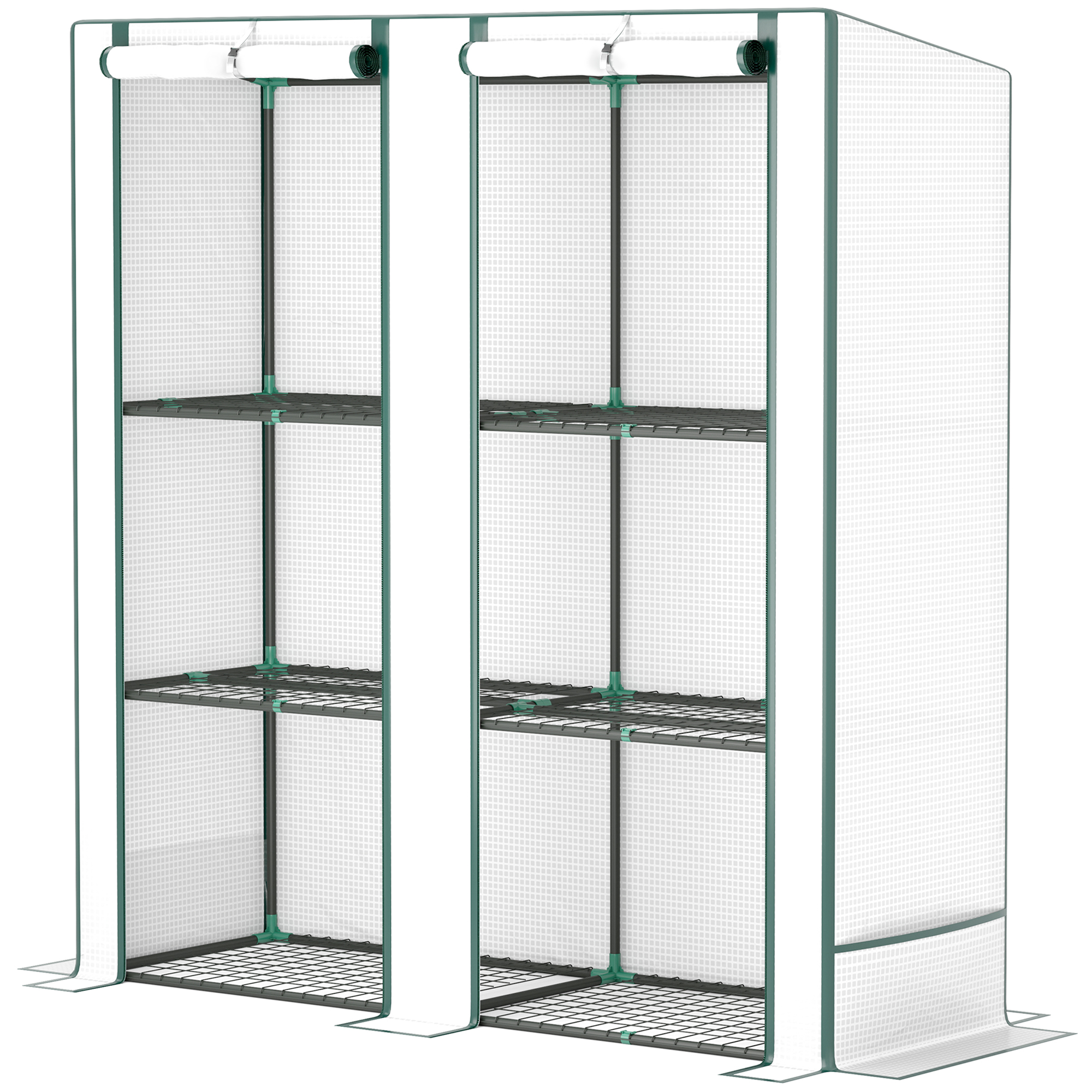 Mini siltumnīca ar 3 līmeņu plauktu, plastmasas pārsegu, UV staru izturīgu, pārnēsājamu, ar sarullējamām durvīm, 144 x 48 x 152 cm, balta