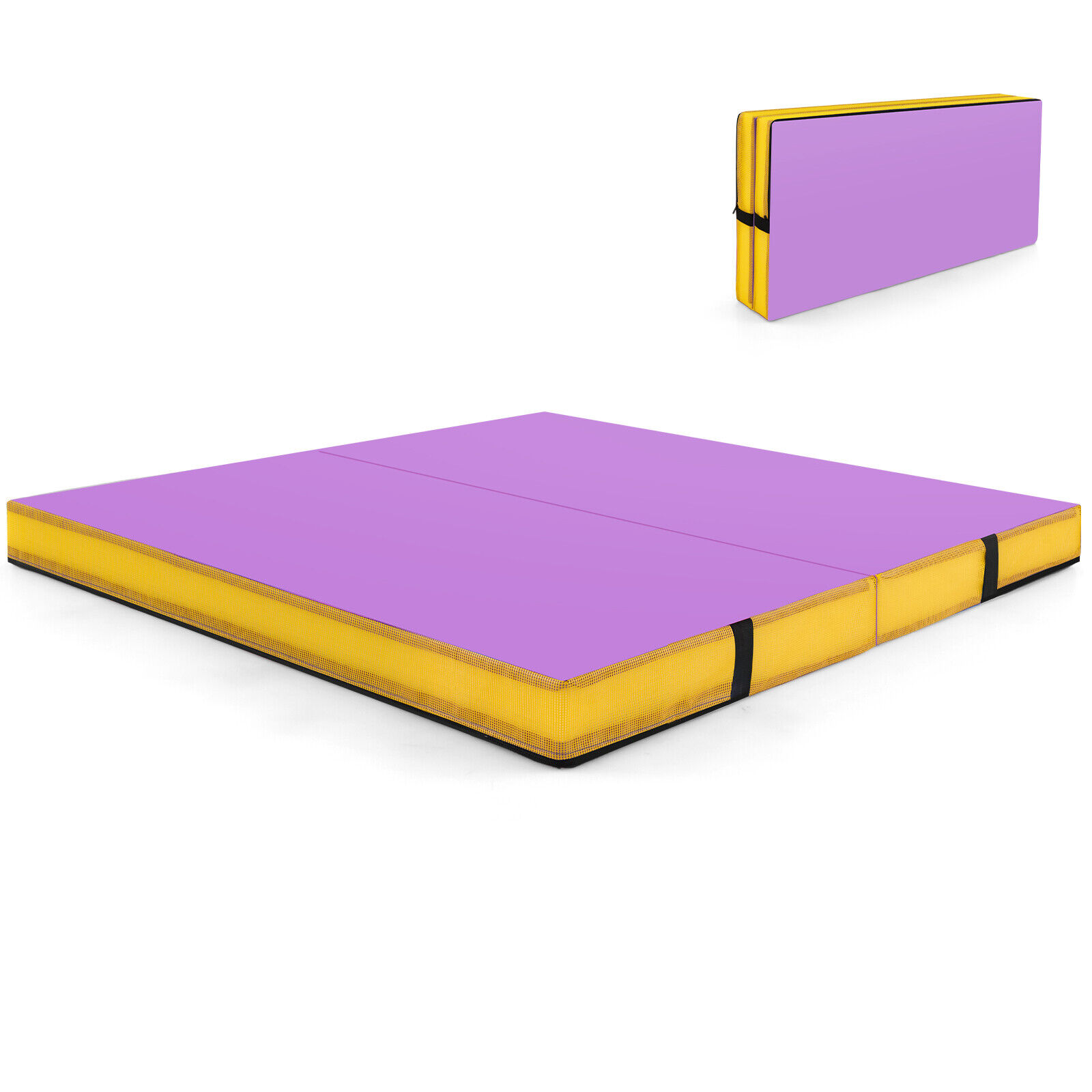 1,2 m x 1,2 m x 10 cm saliekams vingrošanas paklājiņš ar rokturiem un pārvalku - violets