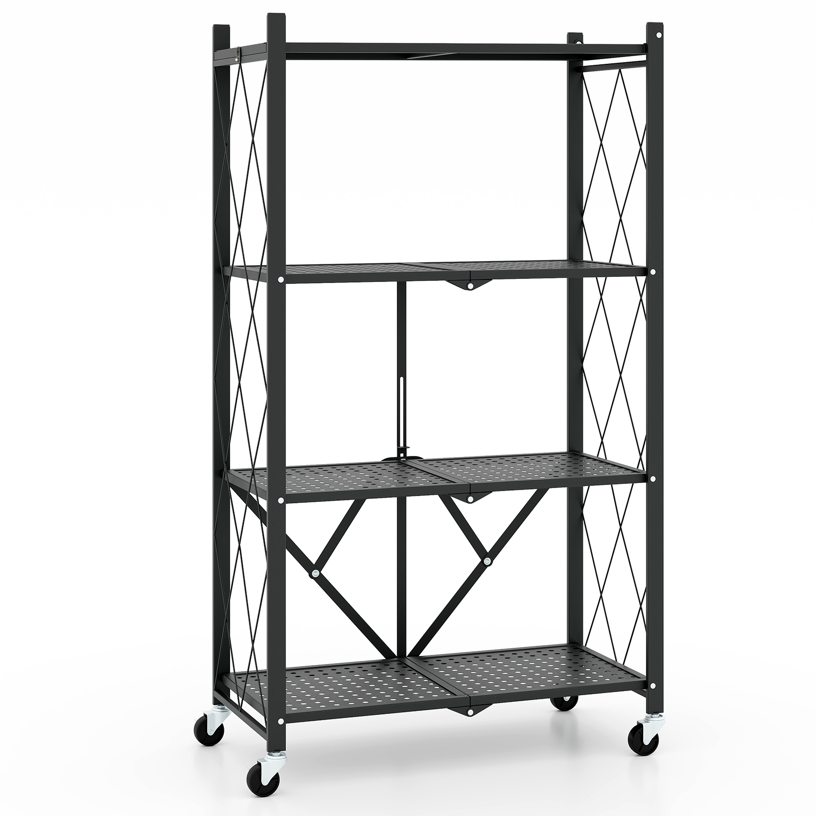 Neljakorruseline kokkupandav ja lukustatavate ratastega metallist laoriiul ning raskeveokite riiul (71 x 34 x 126 cm), must