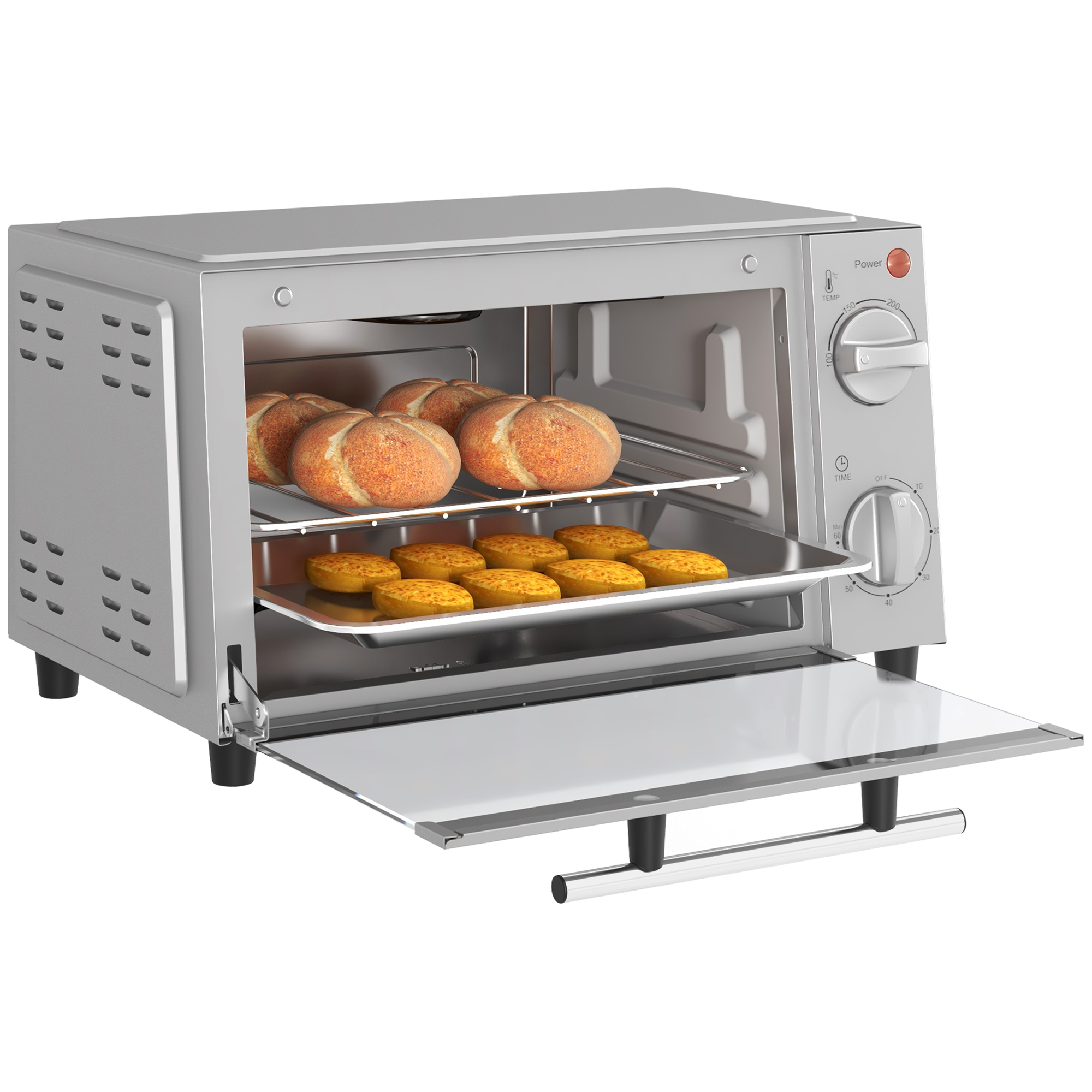 Mini cepeškrāsns, 9 l mini cepeškrāsns ar cepšanas paplāti, grila režģi, regulējama temperatūra un gatavošanas laiks, nerūsējošā tērauda, sudraba krāsā