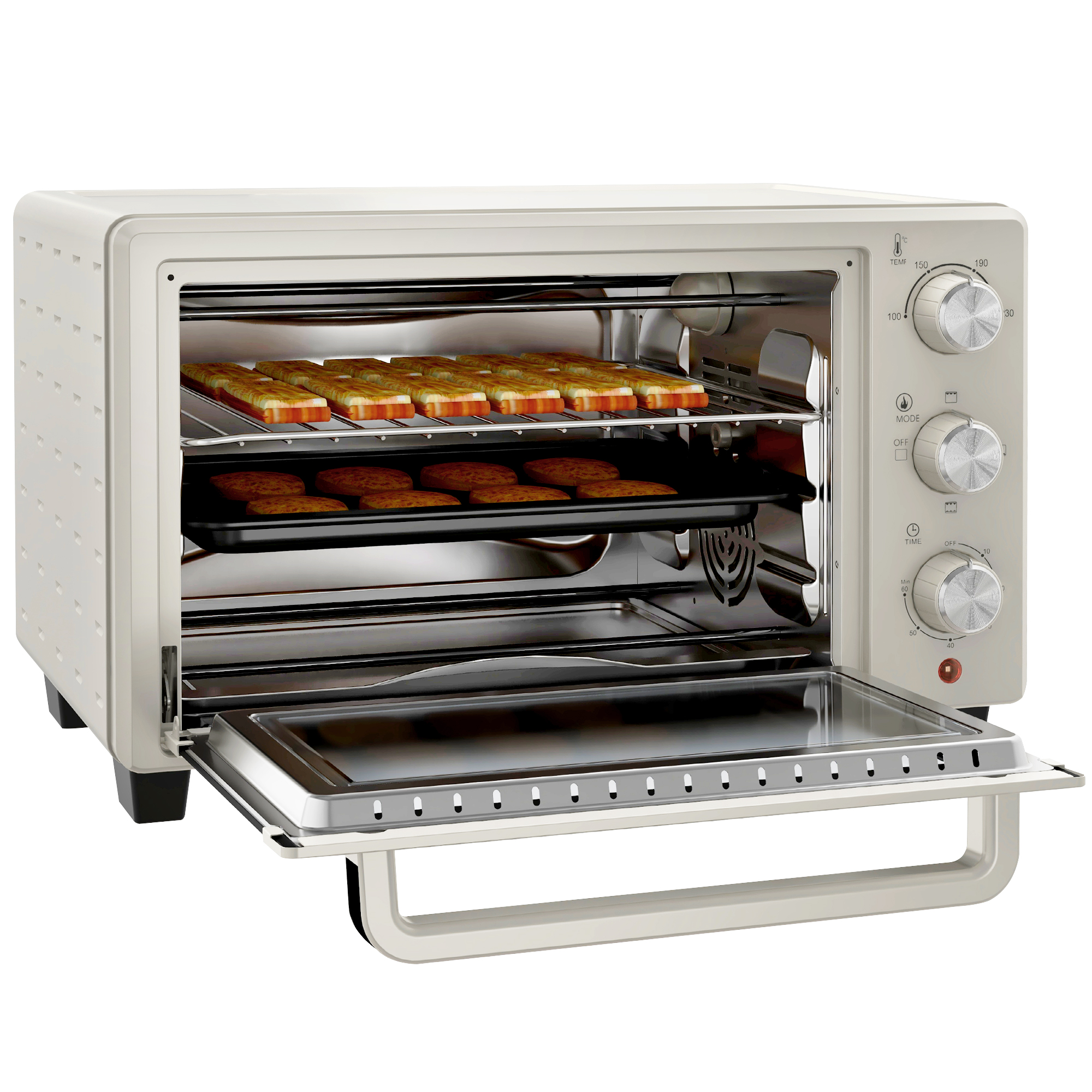 Mini krāsns, maza 21 litru tosterkrāsns ar 1 restēm un 1 cepšanas paplāti, 3 gatavošanas režīmi, 100°C-230°C, nerūsējošais tērauds, stikls, krēmbalta