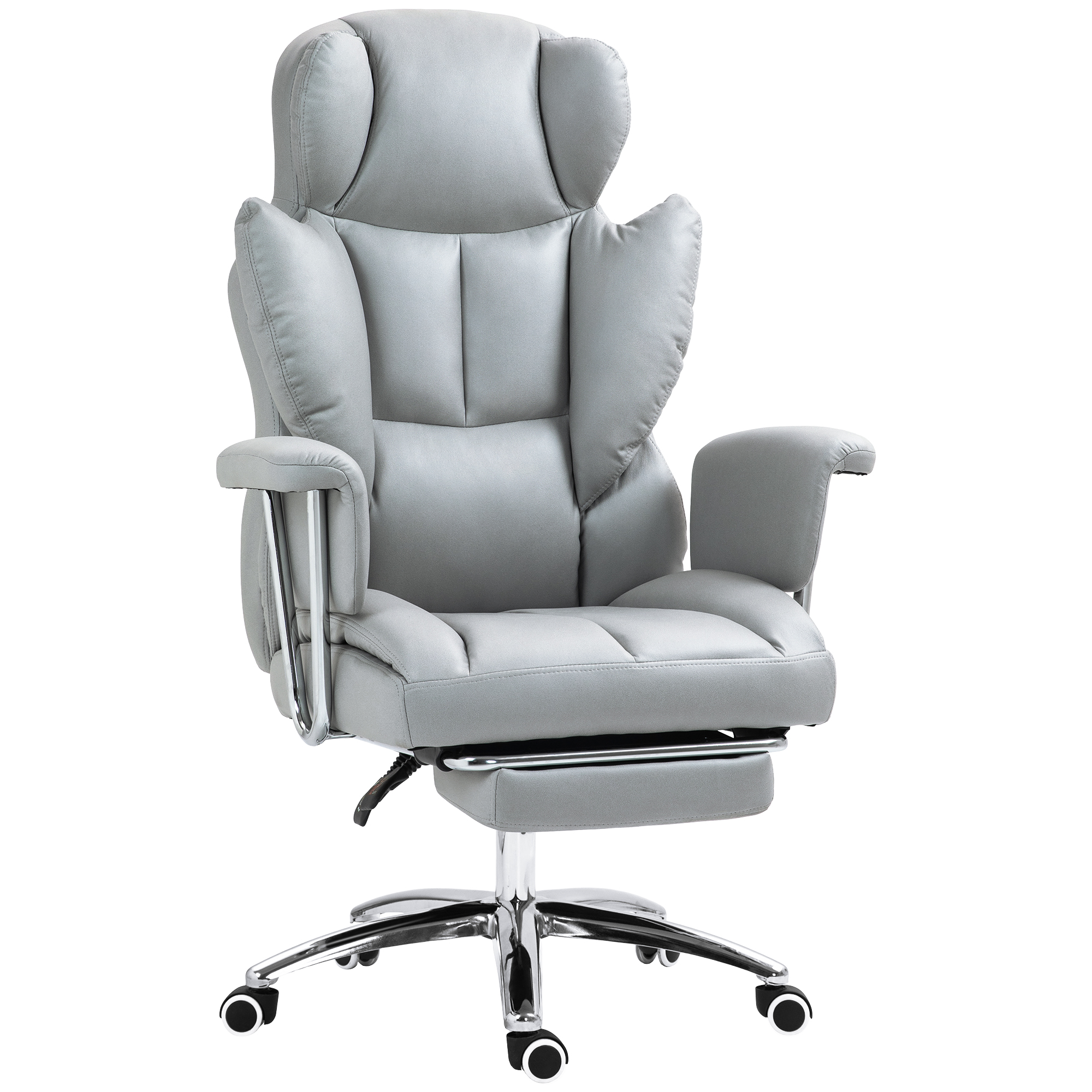 Ergonomisks biroja krēsls, polsterēts, ar kāju balstu, regulējama atzveltne, grozāms par 360°, gaiši pelēks
