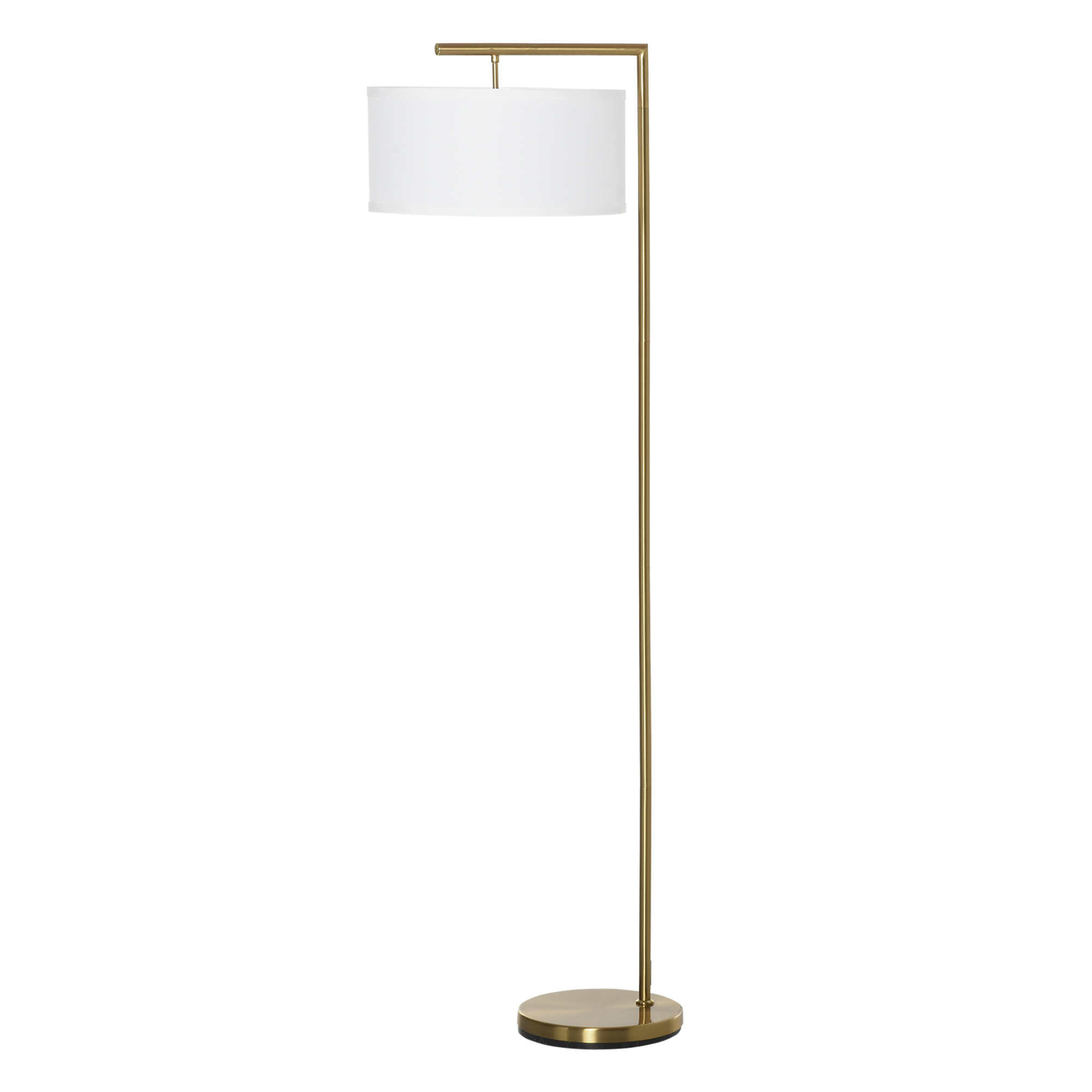 Grīdas lampa, E27 ligzda, zelta apdare, balts auduma abažūrs, kājas slēdzis, tērauda, 47 x 37 x 153 cm