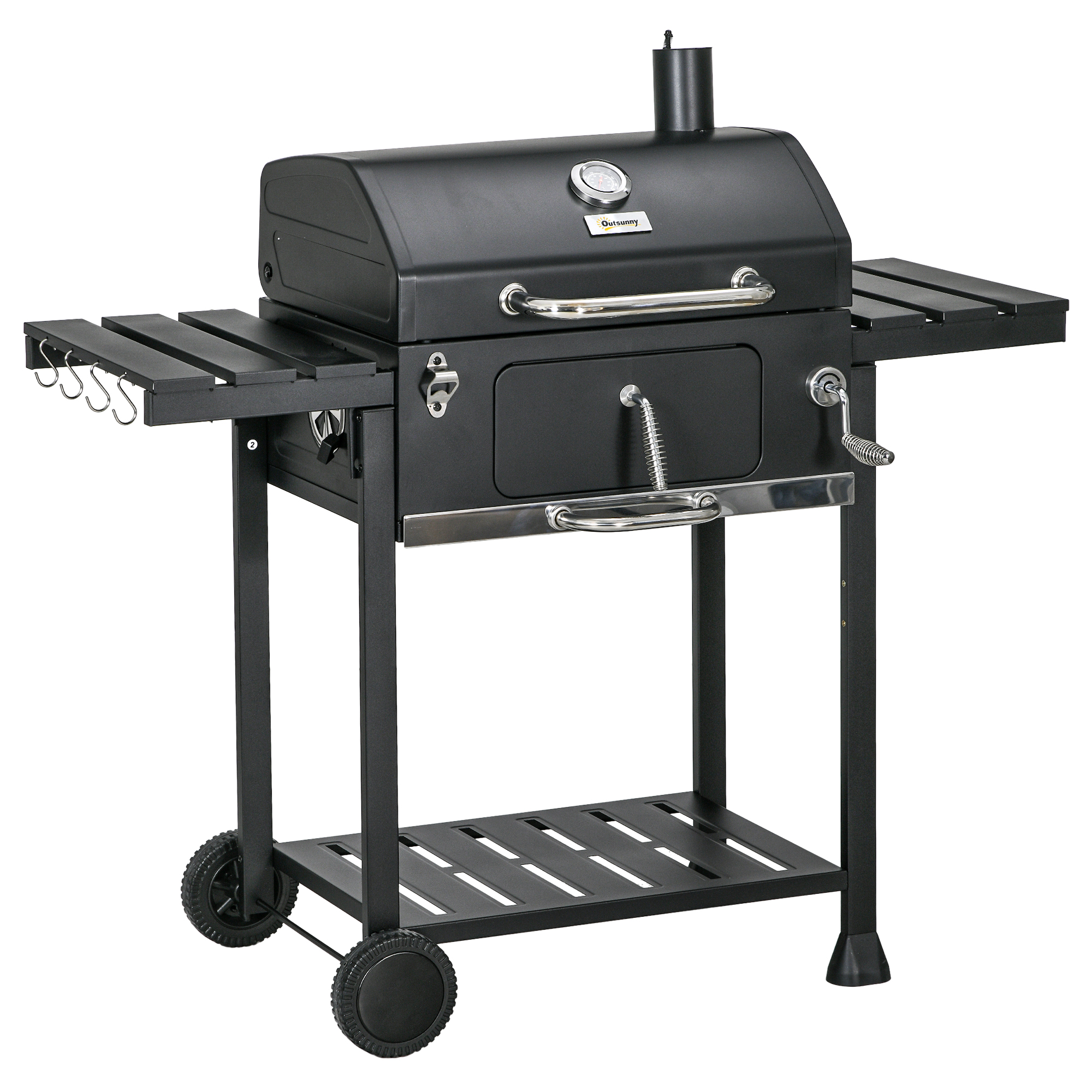 Kokogļu BBQ grila kūpinātava, ieskaitot termometru un pudeļu attaisāmo, 120 x 64 x 114 cm, melna