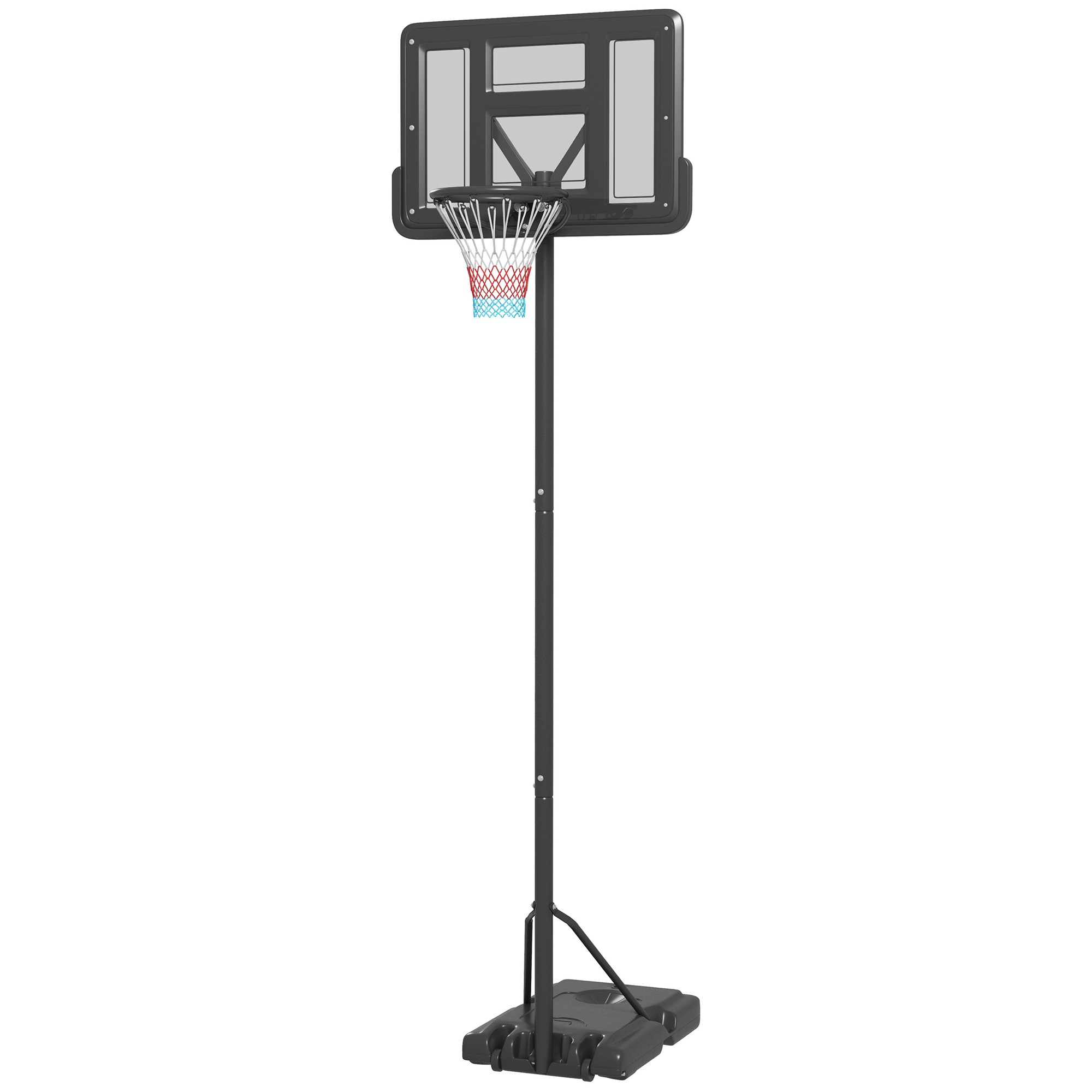 Basketbola statīvs, āra/iekštelpu lietošanai, regulējams augstums, ar riteņiem, piepildāma pamatne, groza augstums 2,30–3,05 m