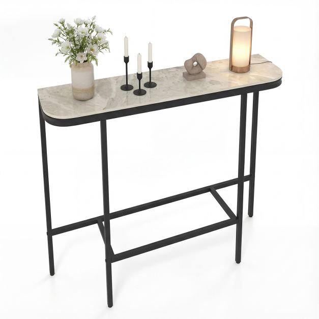 Elegantse marmor-imitatsiooniga plaadi ja tugeva metallraamiga modernne konsoollaud, esiku- ja diivanitaguselaud (110 x 30 x 91 cm), hall