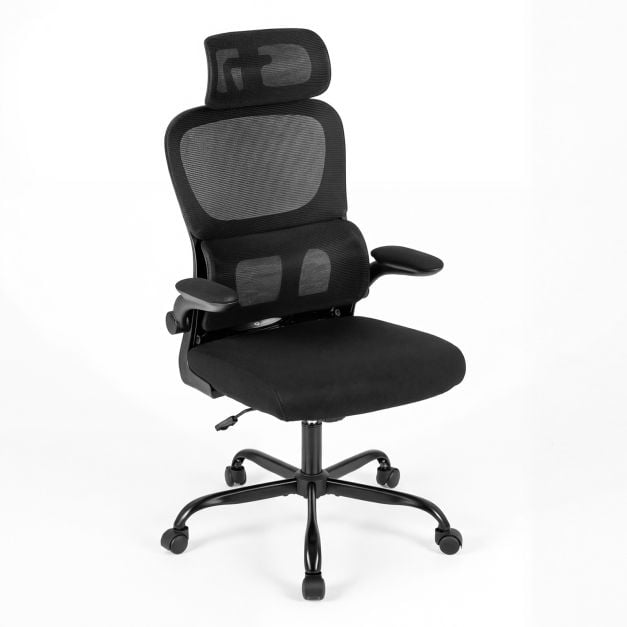 Ergonomisks biroja krēsls, augsta atzveltne, sieta biroja krēsls ar jostasvietas atbalstu, regulējamu galvas balstu un nolokāmiem roku balstiem, melns