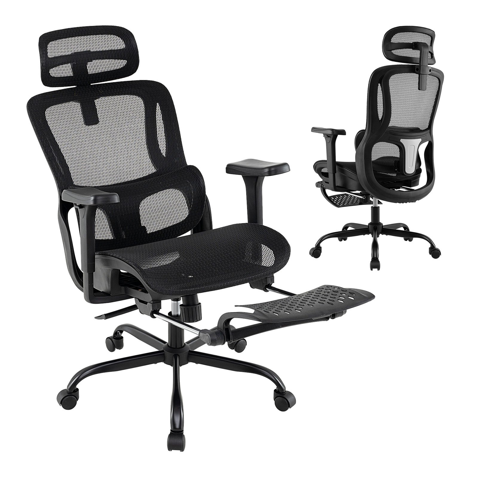 Ergonomisks biroja krēsls, grozāms datorgalda krēsls ar rotējošu galvas balstu, melns