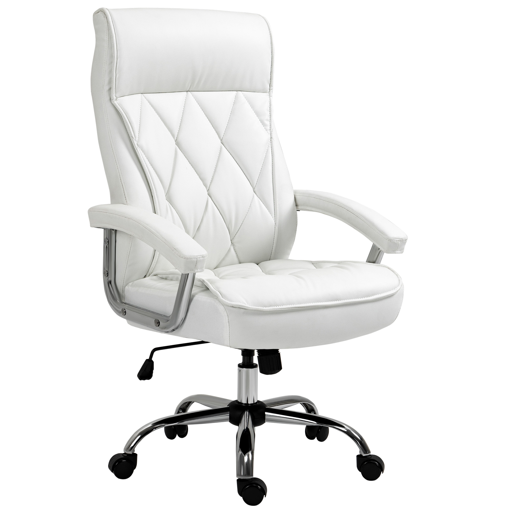 Biroja krēsls, ergonomisks rakstāmgalda krēsls, augstumā regulējams grozāmais krēsls ar šūpošanās funkciju, romba raksts, mākslīgā āda, polsterēts vadītāja krēsls, balts