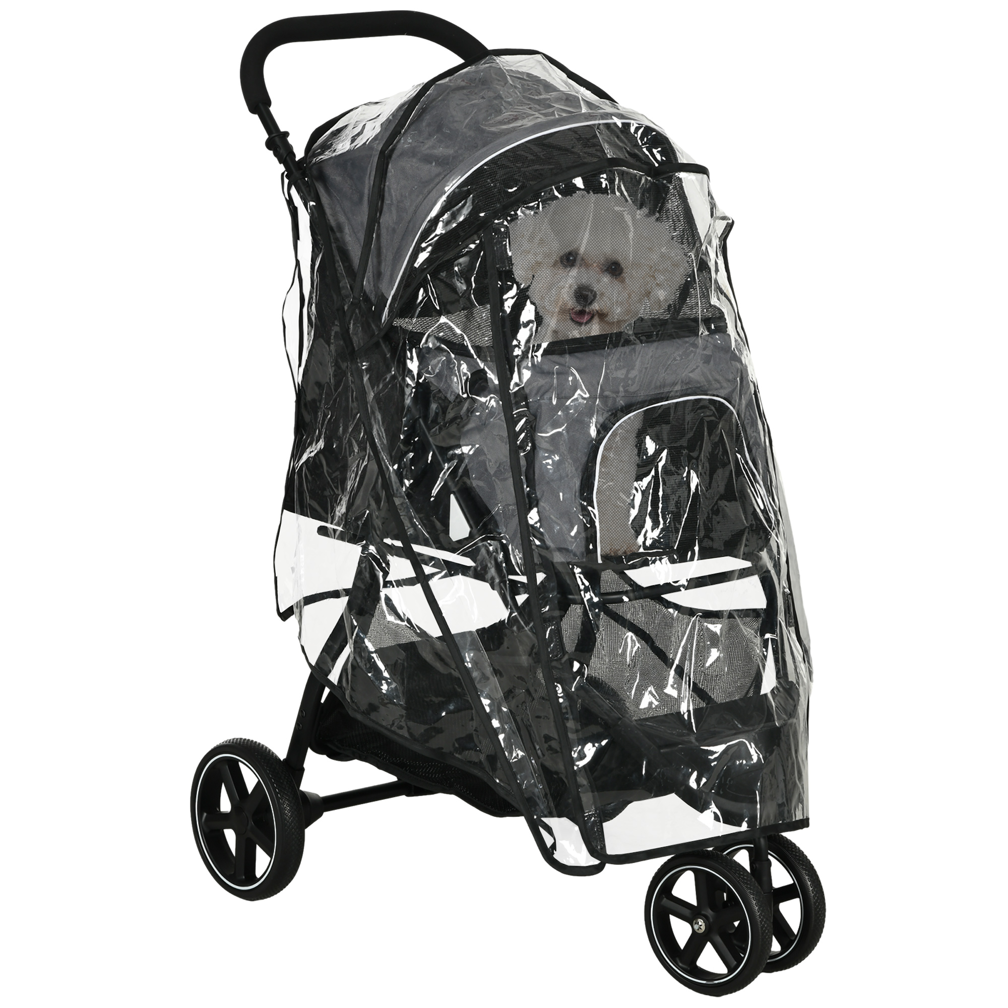 Suņu/mājdzīvnieku ratiņi līdz 10 kg, saliekami, ar lietus pārsegu un 2 drošības pavadām, 83 cm x 55 cm x 101 cm, pelēki + melni