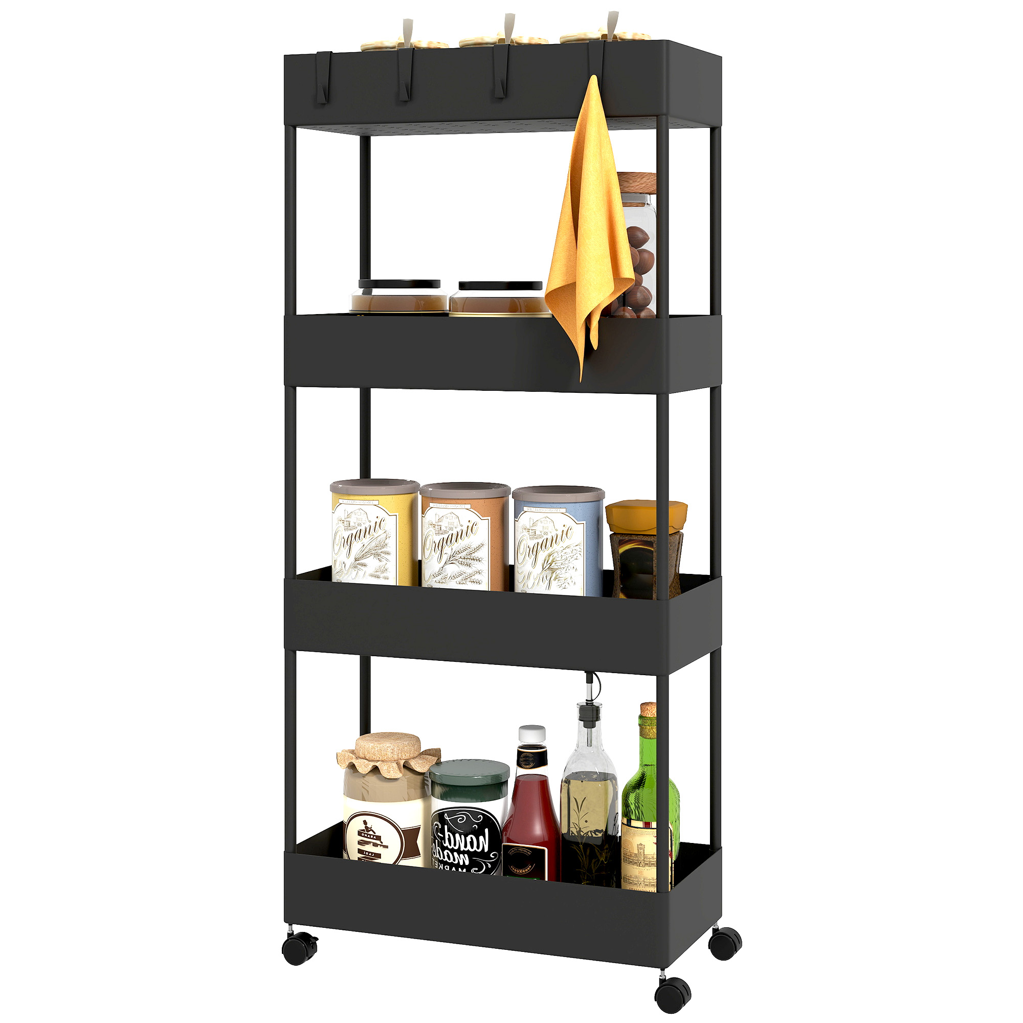 Virtuves ratiņi ar 4 plauktiem, 4 elastīgiem āķiem, 4 riteņiem, 40 cm x 19 cm x 90 cm, nišas ratiņi, melni