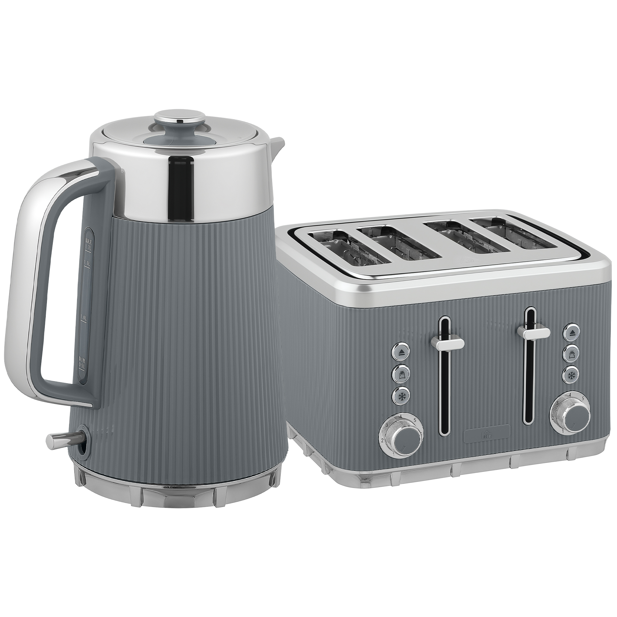 2200 W, 1,7 l tējkanna ar ātrās vārīšanas funkciju, atkaļķošanas filtru un 4 šķēļu tosteri ar 7 brūnināšanas līmeņiem, pelēka